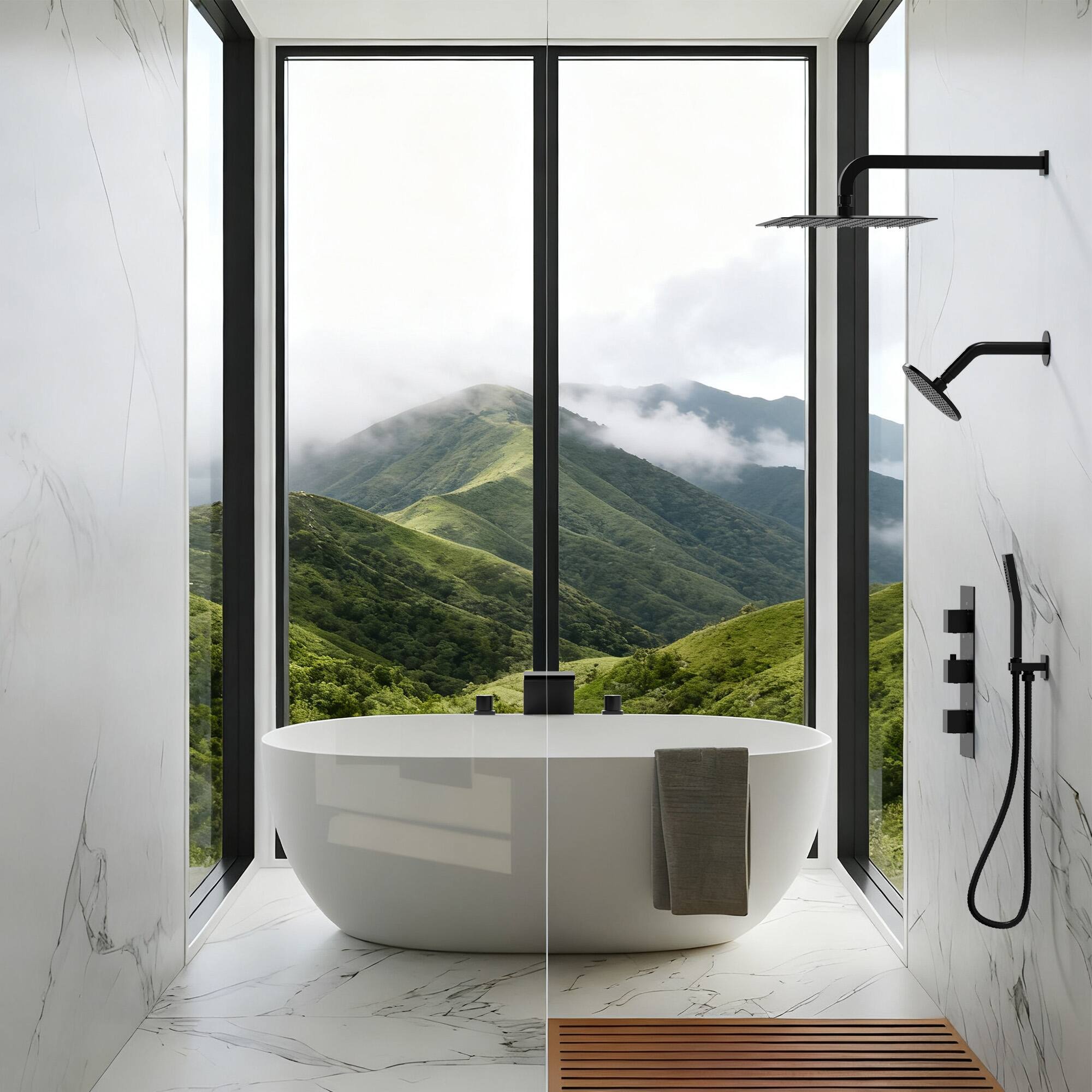 Left. GRANDJOY - Thermostatic Dual Shower Faucet Kit with 10" Overhead Rain Shower and 59" Stainless Hose Handheld Shower Head - Matte Black.