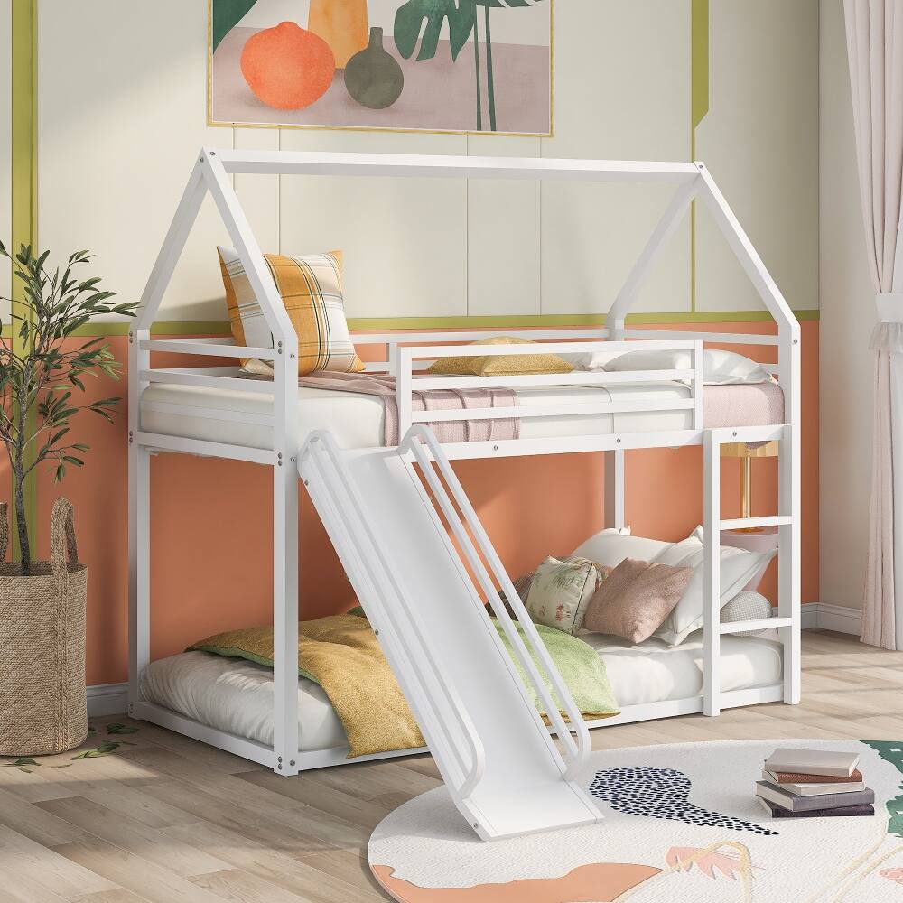 Front. Loheer - Loheer Twin over Twin House Bunk Bed with Slide White Metal Frame - White.