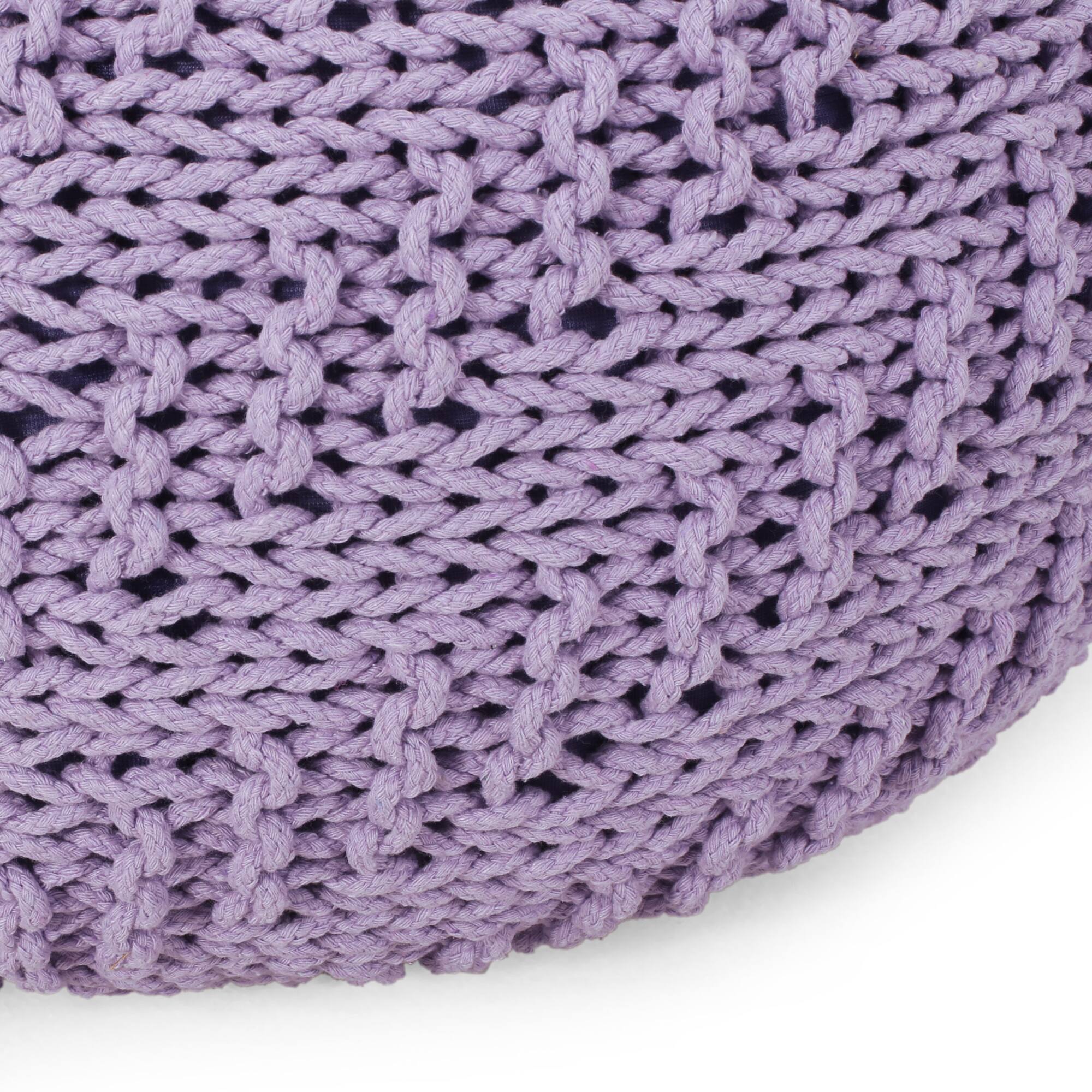 Left. GOODSILO - Stylish Round Knitted Cotton Pouf for Versatile Seating and Decorative Accents - Lavender.