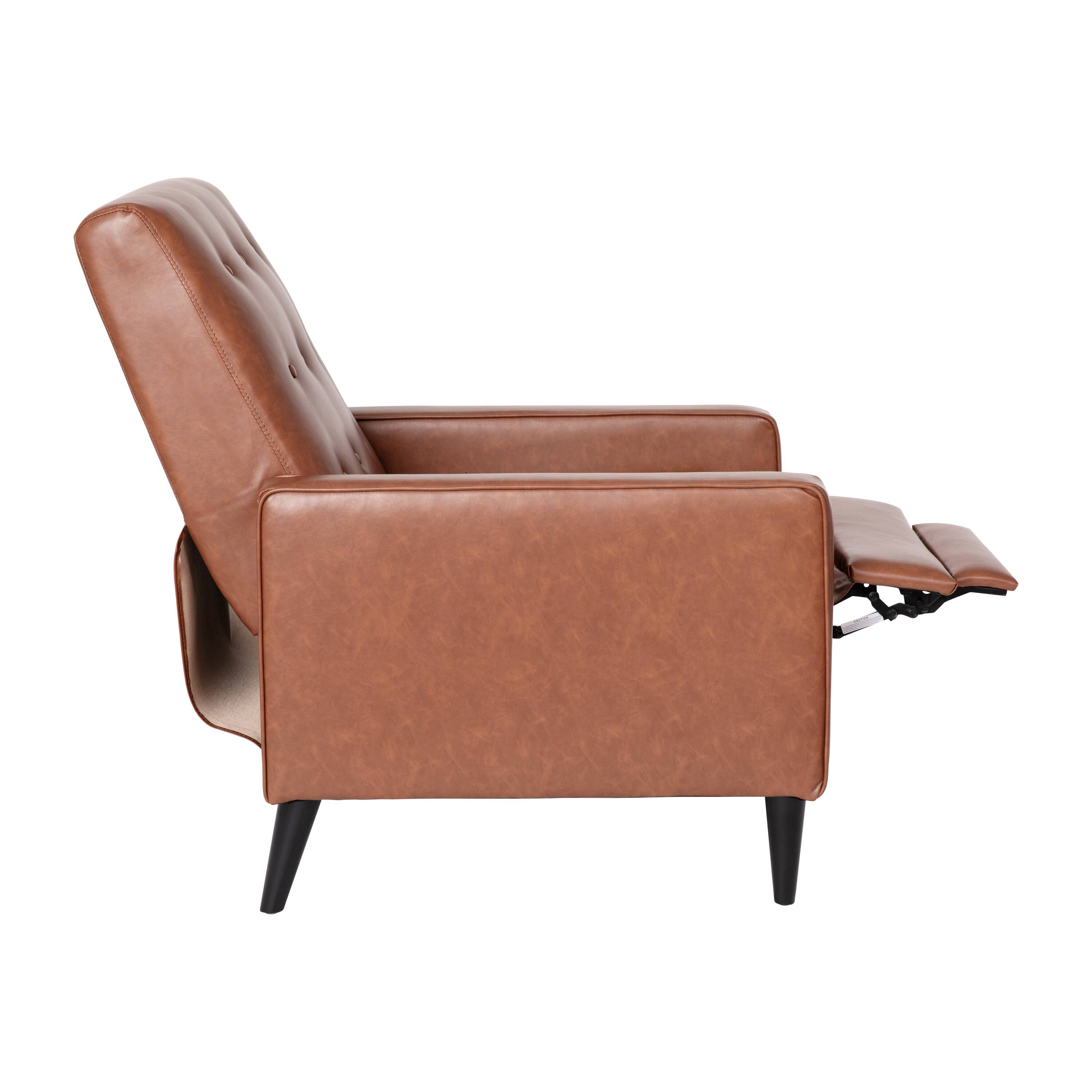 Alt View 8. Emma + Oliver - Jules Mid-Century Modern Button Tufted Upholstered Easy Pushback Recliner with Wooden Legs - Cognac Brown.