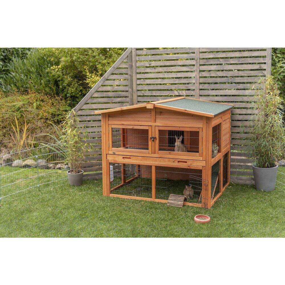 Left. TRIXIE - Deluxe Weatherproof Outdoor 2-Story Large Wooden Small Animal Hutch, Run, Tray - Brown.