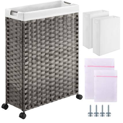 Front. DORLUKFU - Greenstell Laundry Hamper with Wheels, 17.4 Gallon (66L) Slim Laundry Basket with 2 Removable Liner Bags & 2 Mesh Bags, - Grey.