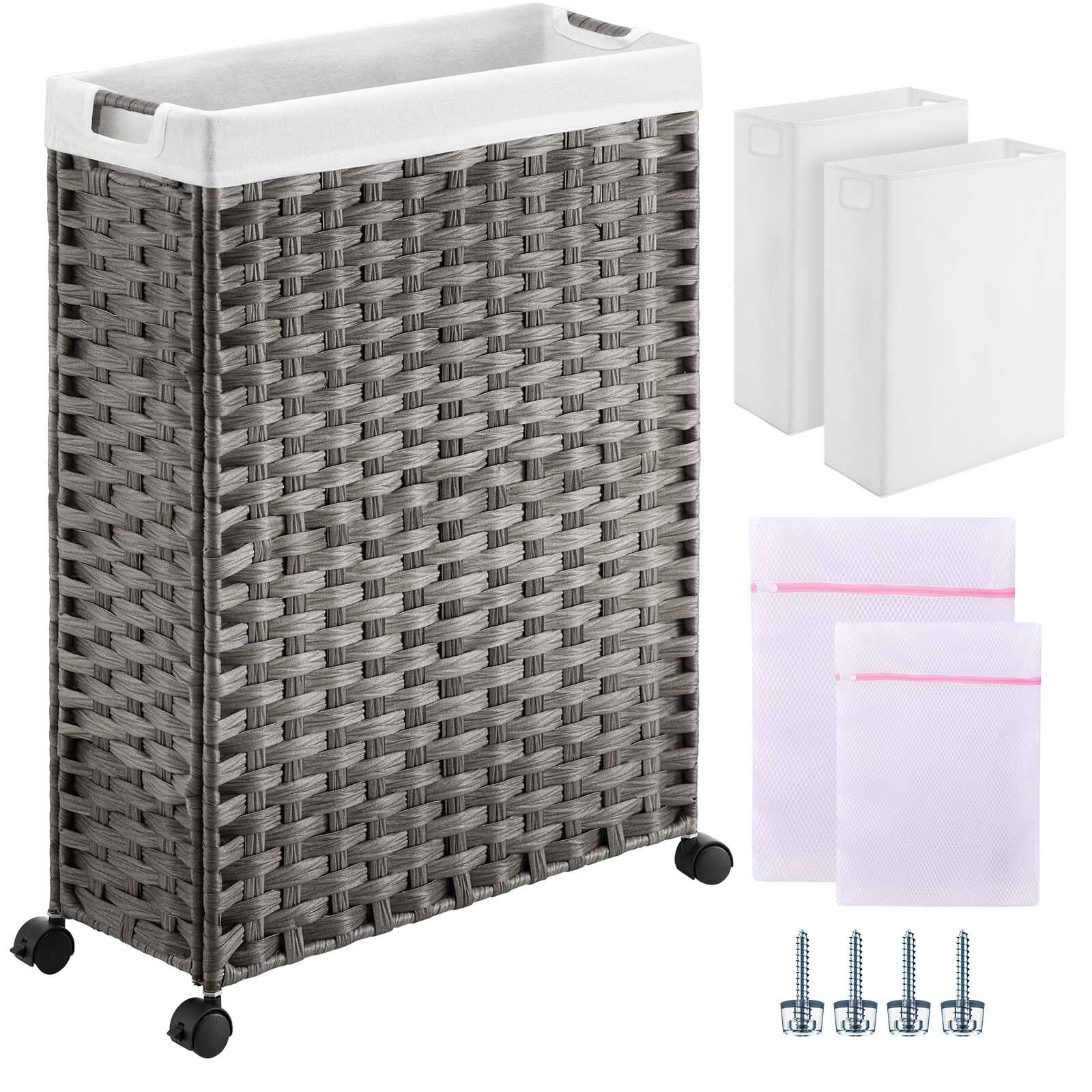 Front. DORLUKFU - Greenstell Laundry Hamper with Wheels, 17.4 Gallon (66L) Slim Laundry Basket with 2 Removable Liner Bags & 2 Mesh Bags, - Grey.