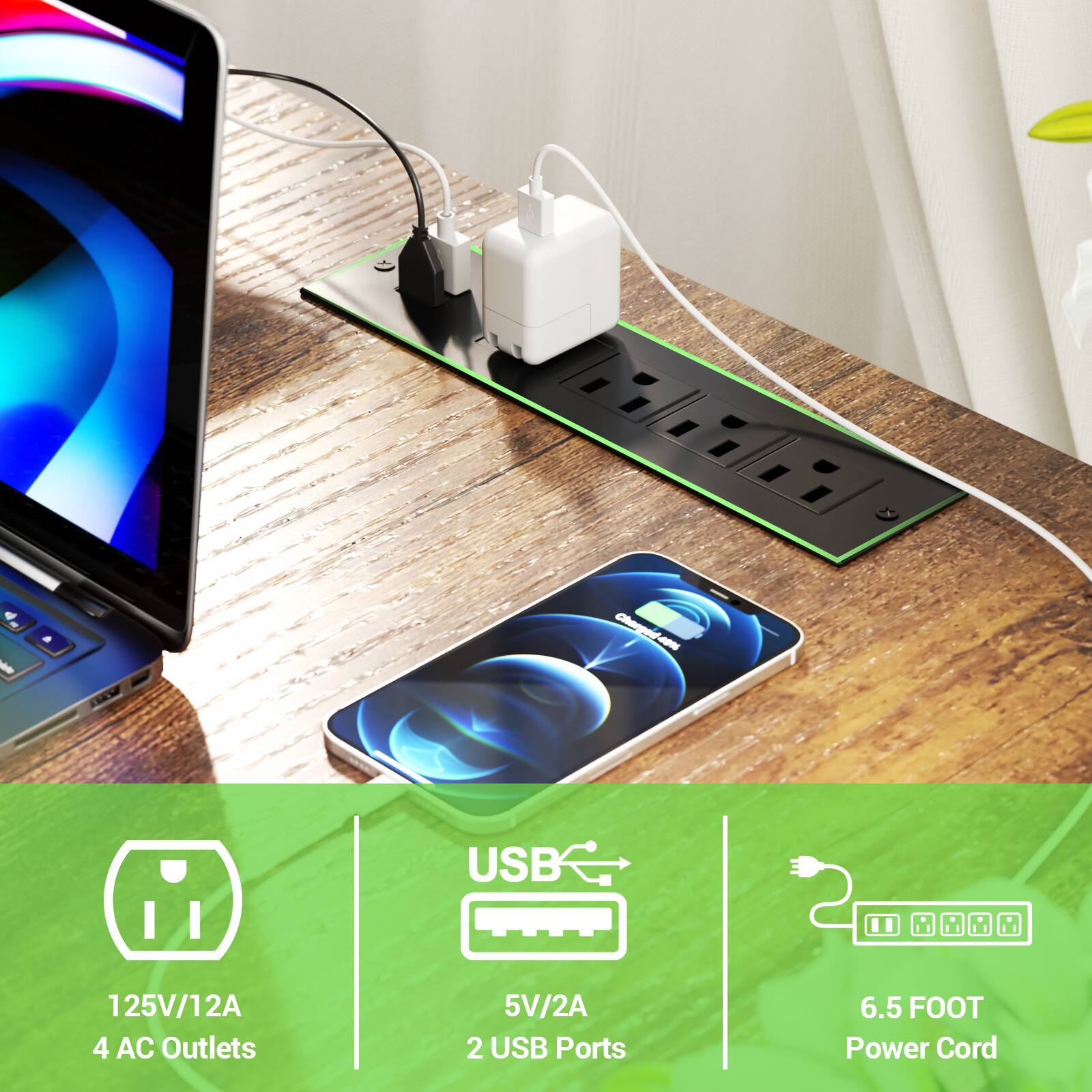 - 125V/12A
- 4 AC Outlets
- 5V/2A
- 2 USB Ports
- 6.5 FOOT Power Cord