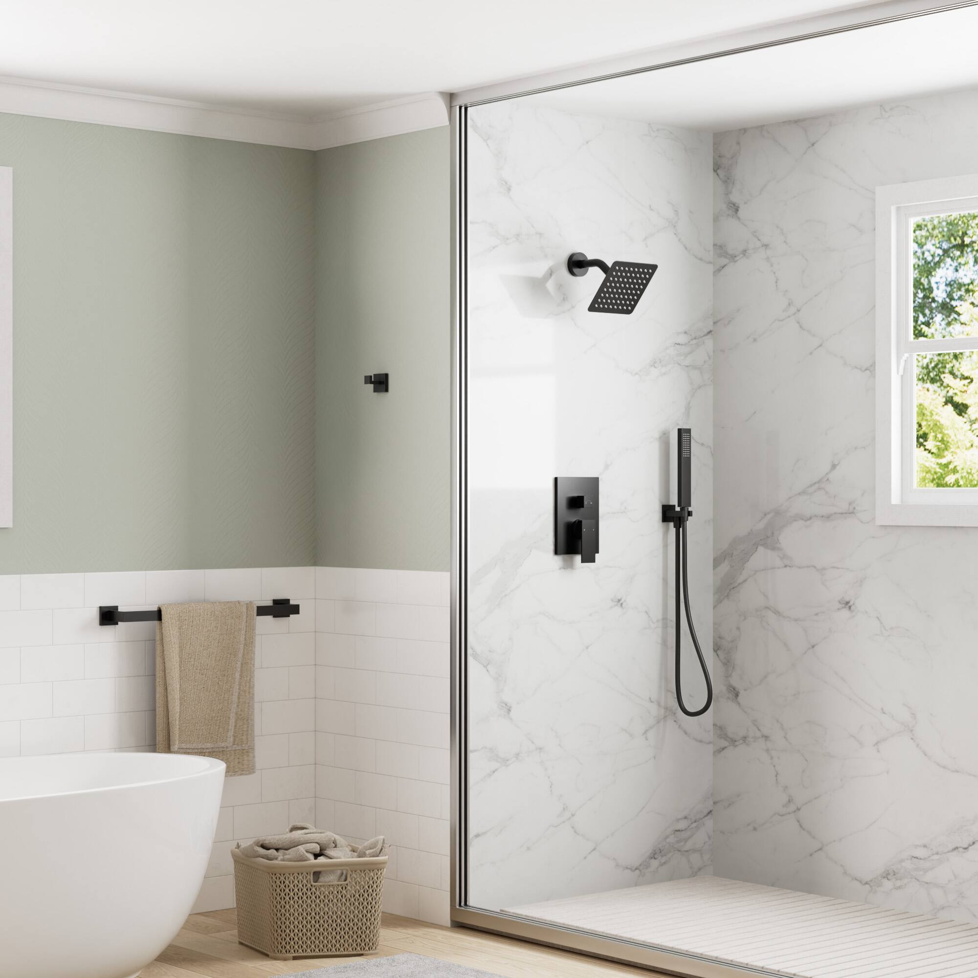 Left. GRANDJOY - 10" Rain Shower System with Handheld Shower Head and Single Handle Mixer Valve - Matte Black.