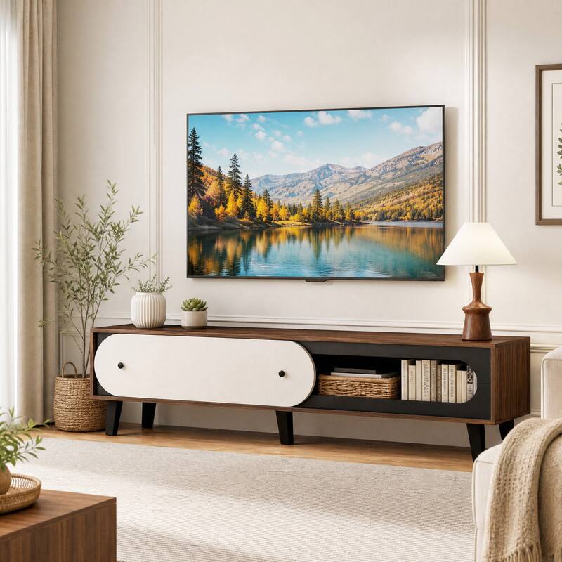 Angle. WELLFOR - Mid Century Modern TV Stand for TVs up 80",Entertainment Center Media Console with Sliding Door Cabinet for Living Room - Walnut.