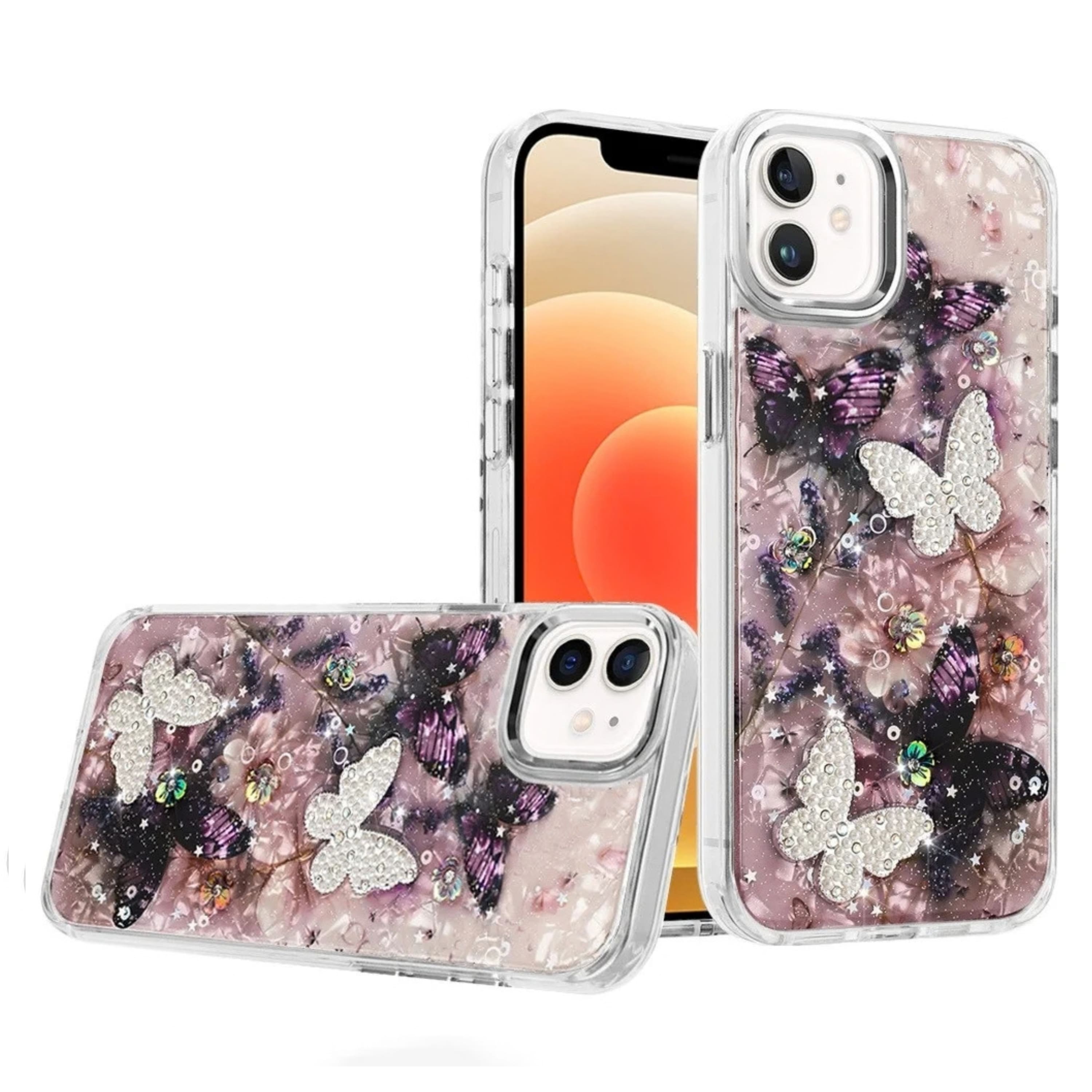 Kitcheniva - 3D Beaded Butterfly Glitter Phone Case With Tempered Glass For iPhone 12 12 Pro Black - Pink