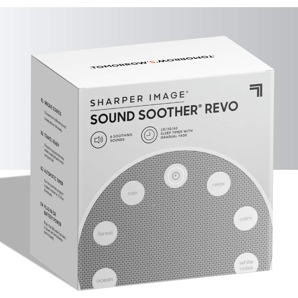 The text on the image reads: "Sharper Image Sound Soother Revo Sound 15/30/60 with Sleep Timer 6 Soothing Gradual Fade Sounds EO Automatic."