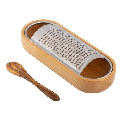 Front. Kings County Tools - Cheese Grater with Container - Silver and Brown.