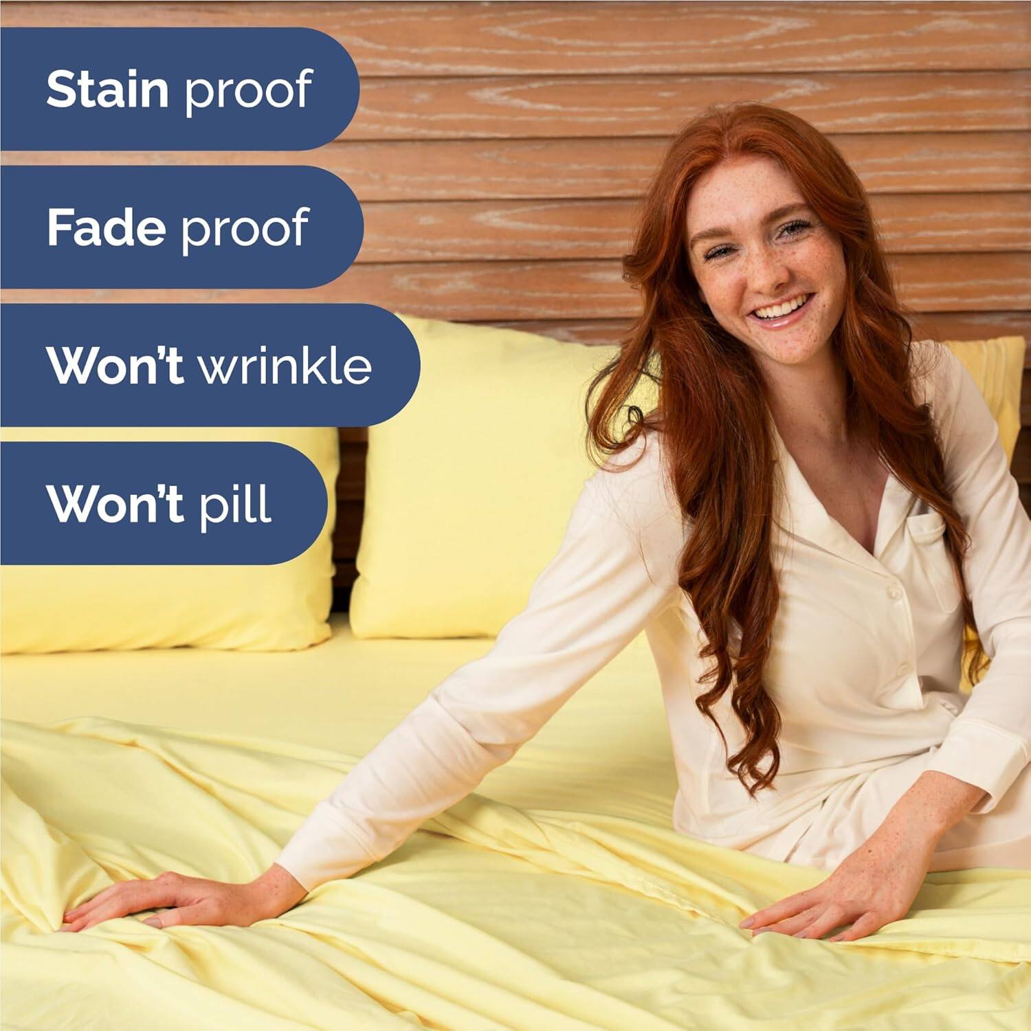 Stain proof  
Fade proof  
Won't wrinkle  
Won't pill