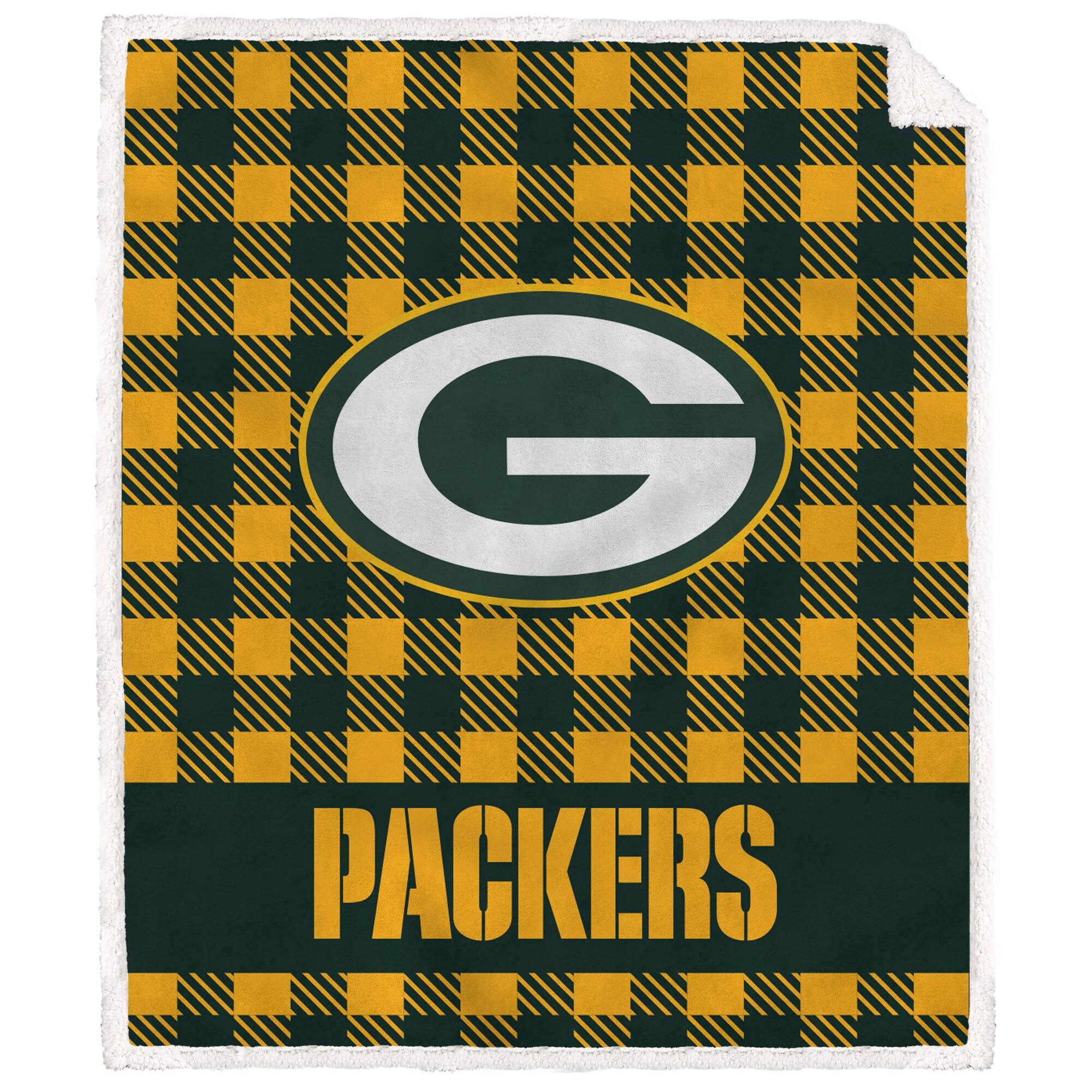 Front. Pegasus - Green Bay Packers 50" x 60" Buffalo Check Royal Plush Sherpa Blanket - Multicolor.