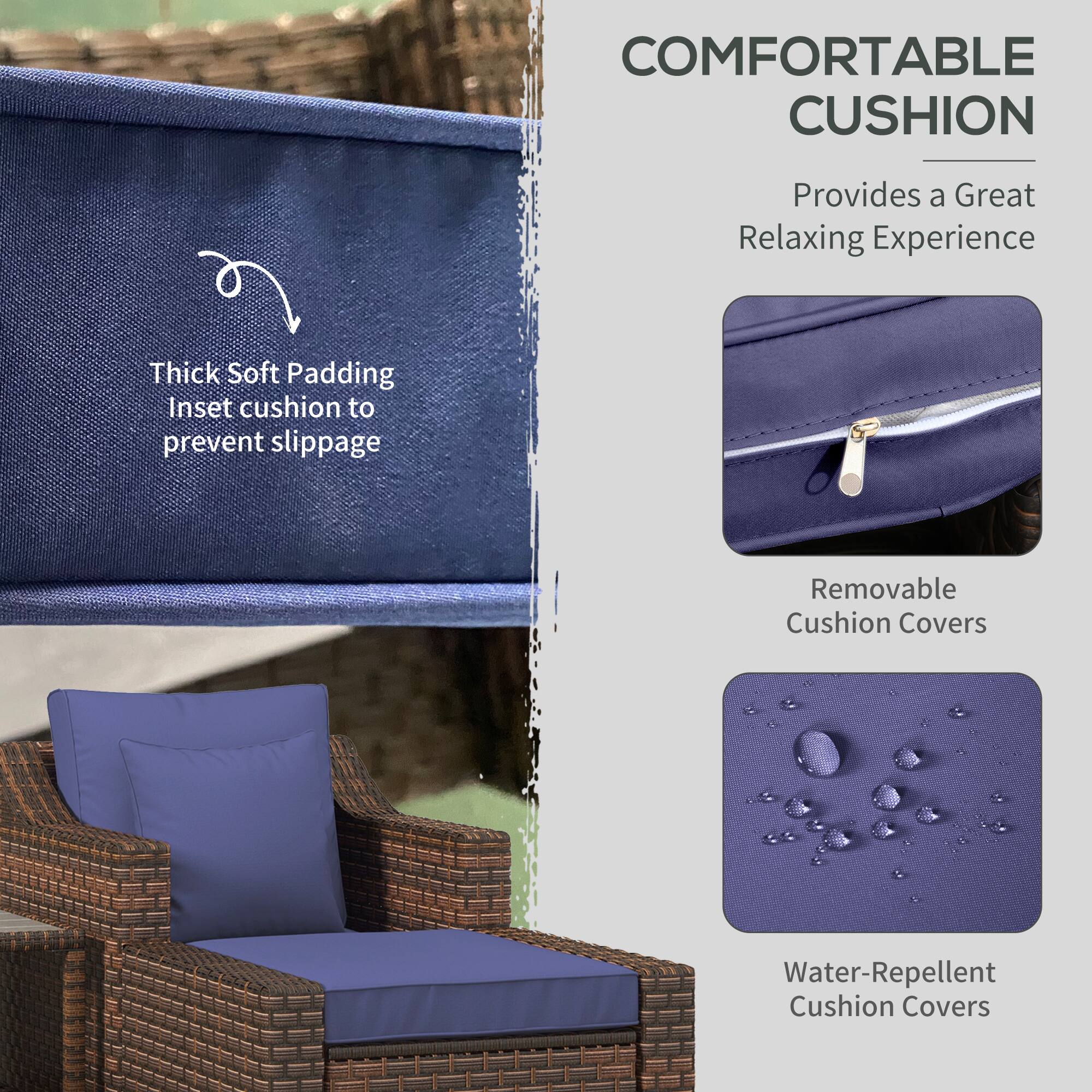 COMFORTABLE CUSHION  
Provides a Great Relaxing Experience  

- Thick Soft Padding  
  Inset cushion to prevent slippage  

- Removable Cushion Covers  

- Water-Repellent Cushion Covers