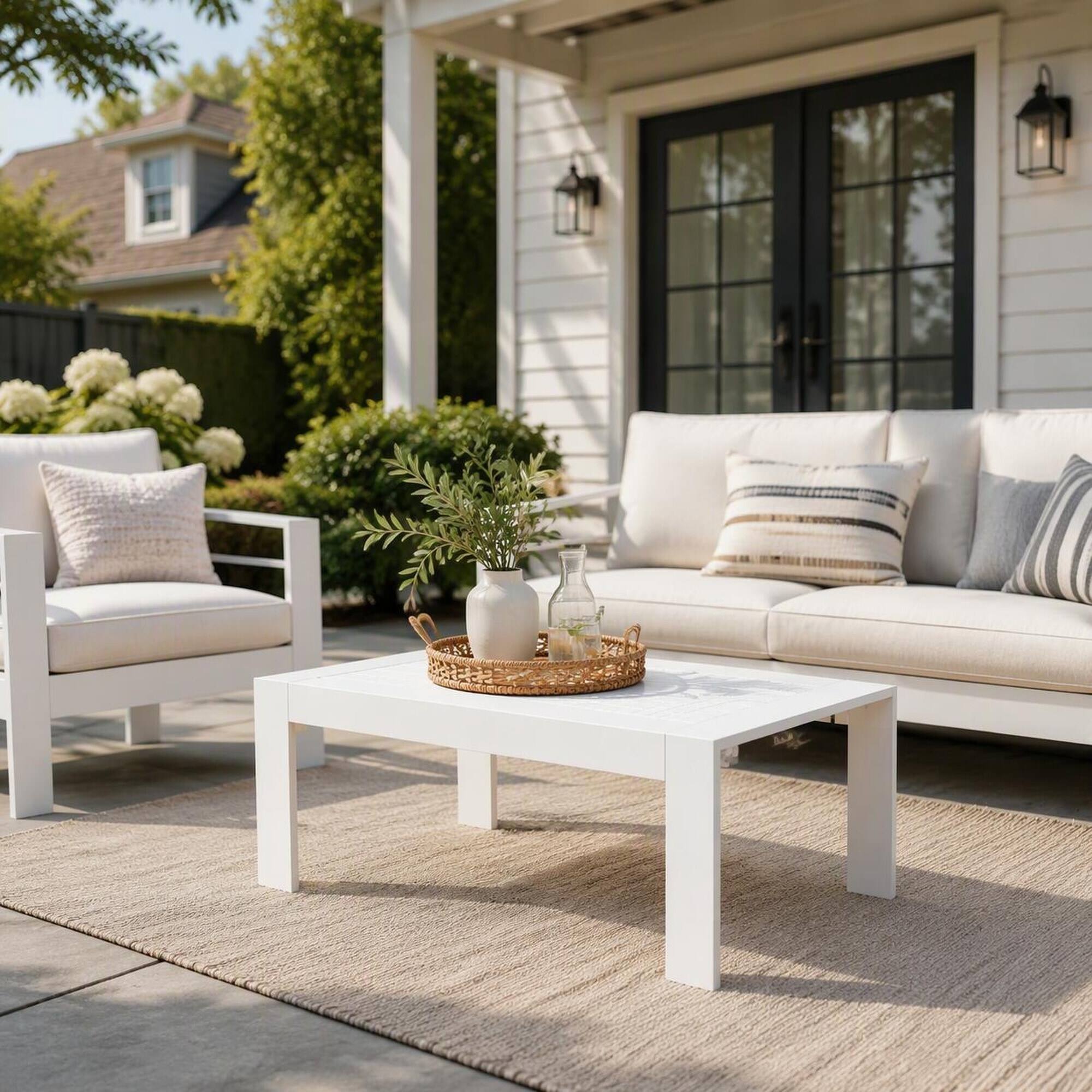 Back. RYHNUYNE - Modern 43" Outdoor Coffee Table in Matte White Aluminum,Outdoor Furniture for Deck Balcony Poolside and Porch - White.