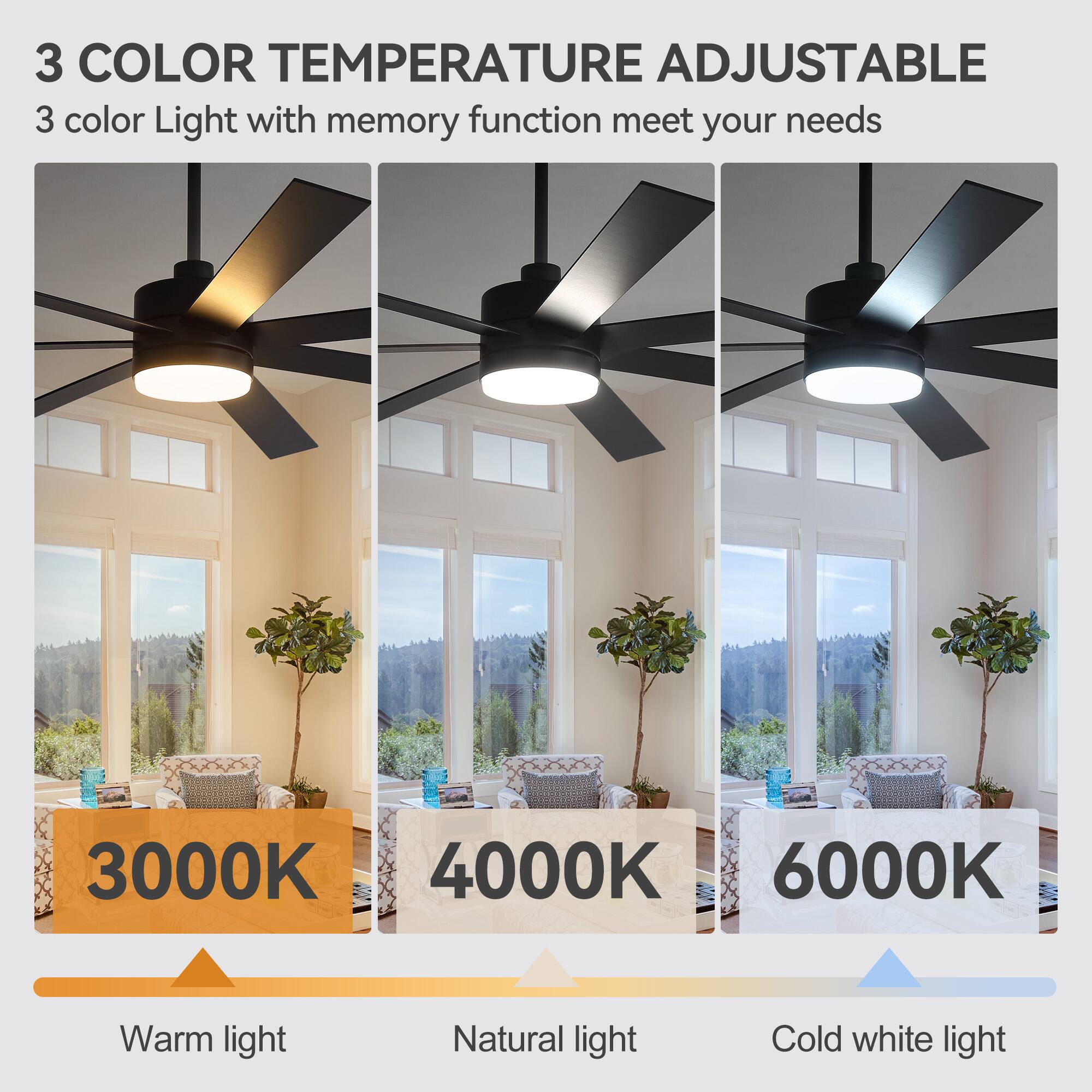 3 COLOR TEMPERATURE ADJUSTABLE  
3 color Light with memory function meet your needs  
3000K Warm light  
4000K Natural light  
6000K Cold white light