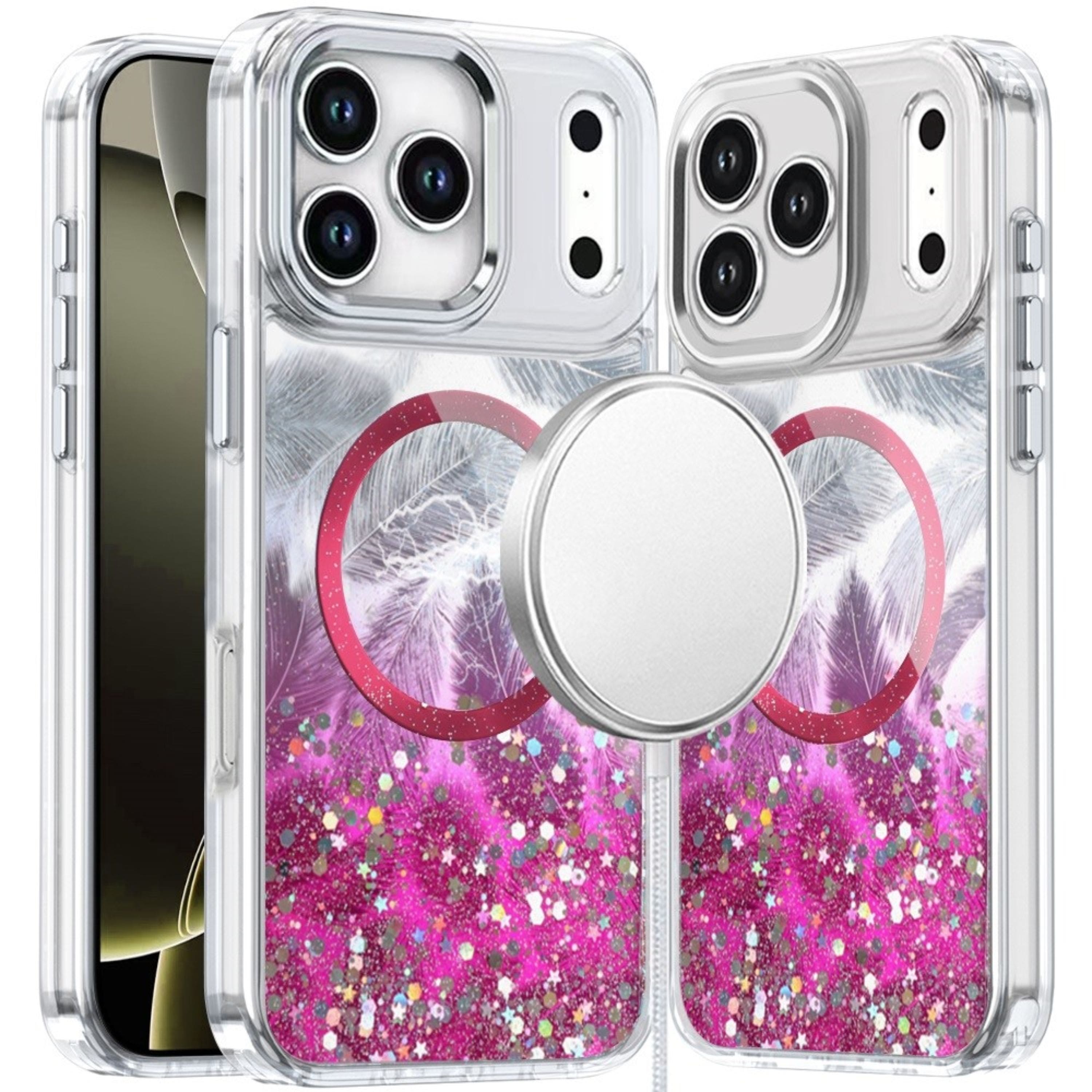 Kitcheniva - Feathers Glitter Magnetic Circle Phone Case With Tempered Glass For iPhone 17 Pro Max - Hot Pink price history on PriceWatchPro
