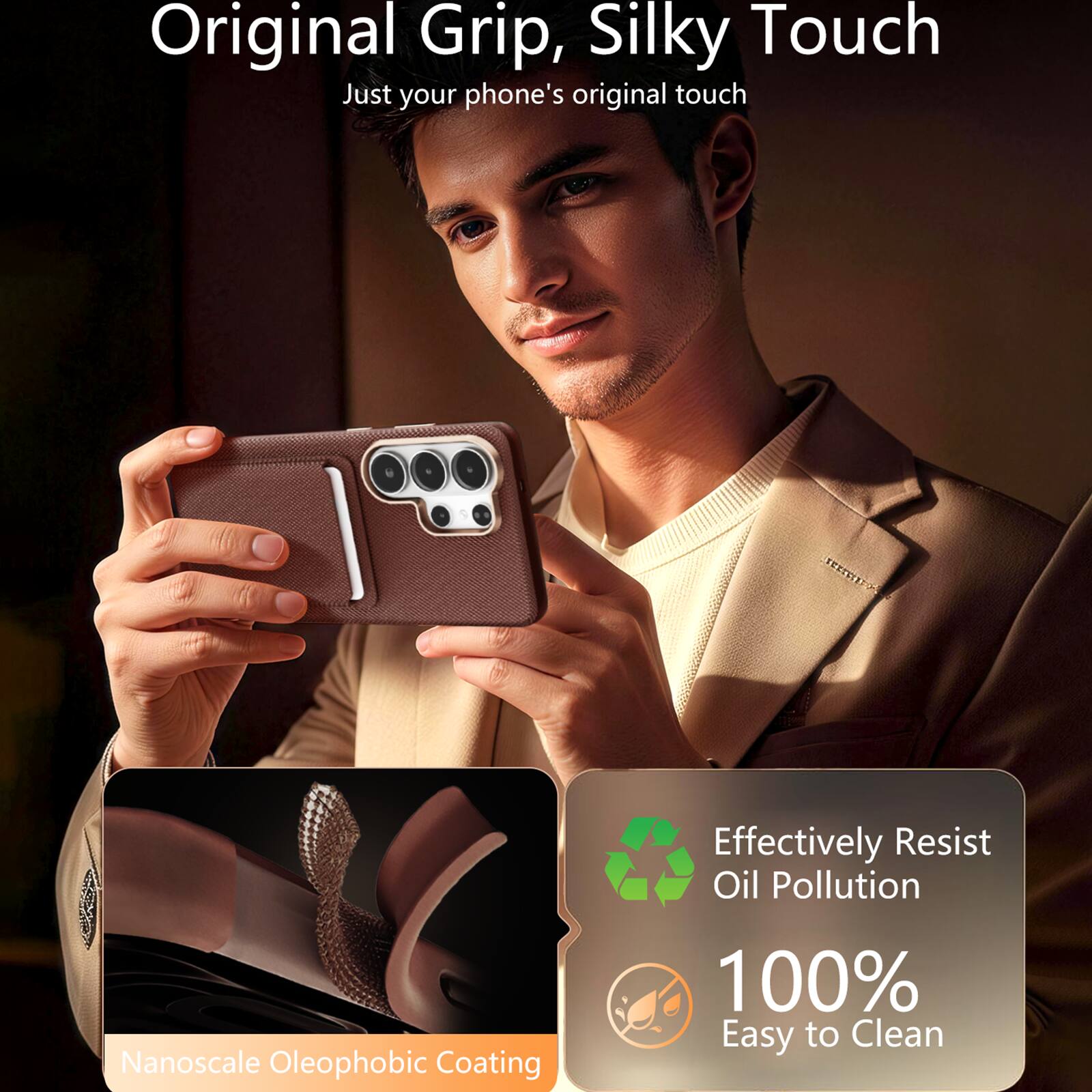 Original Grip, Silky Touch  
Just your phone's original touch  

Nanoscale Oleophobic Coating  
Effectively Resist Oil Pollution  
100% Easy to Clean