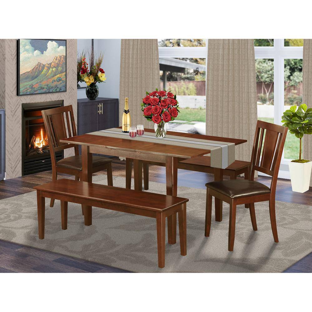 Back. East West Furniture - 5 Pc Dining room set with bench -Kitchen Table with 2 Dining Chairs and 2 Benches - Mahogany.