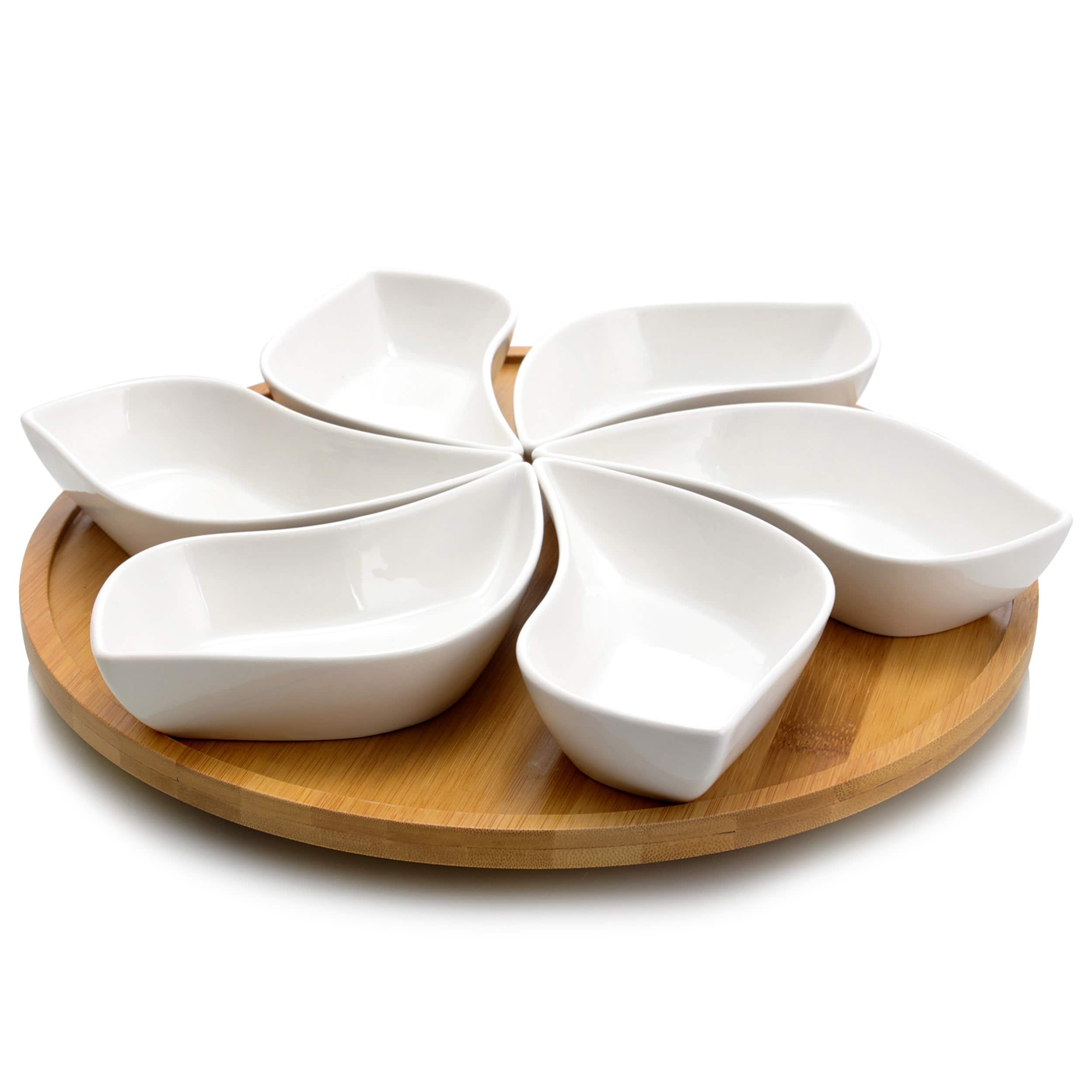 Elama - Signature Modern 13.5 Inch 7pc Bamboo Lazy Susan Appetizer and Condiment Server Set 6 Serving Dishes - Brown