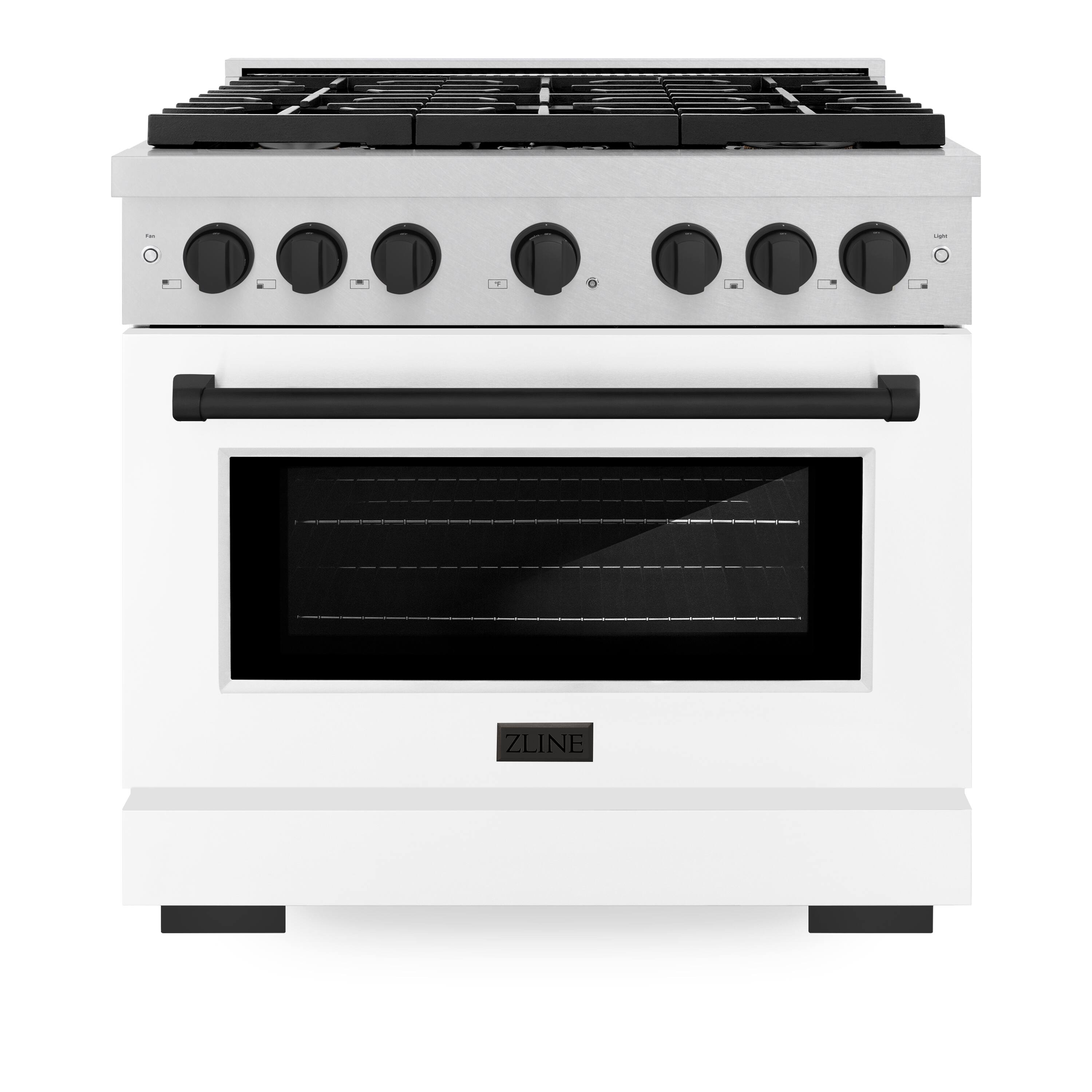 Front. ZLINE - ZLINE Autograph 36 in. Paramount Satin Steel Gas Range with Black Accents (SGRSZ-WM-36-MB) - White.