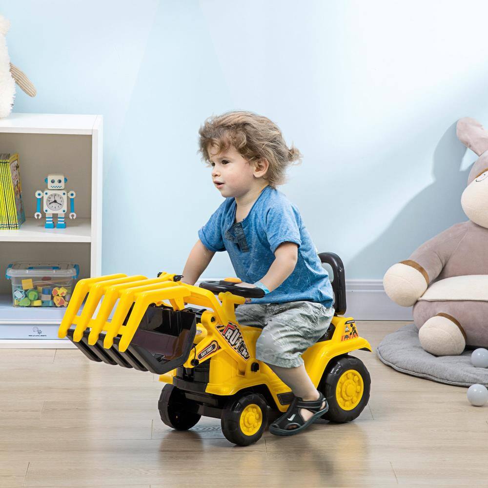 Angle. BreeBe - Kids Excavator Ride-On Toy with Pulling Cart, Sound Effects, Under-Seat Storage, Treaded Wheels, for Toddlers - Yellow.