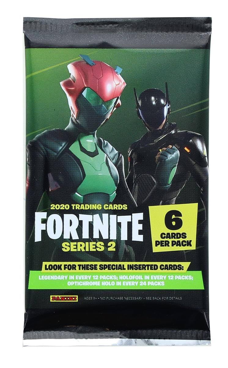 2020 TRADING CARDS  
FORTNITE  
SERIES 2  

6 CARDS PER PACK  

LOOK FOR THESE SPECIAL INSERTED CARDS:  
LEGENDARY IN EVERY 12 PACKS;  
HOLOFOIL IN EVERY 12 PACKS;  
OPTICHROME HOLO IN EVERY 24 PACKS  

PANINI  

AGES 9+  
NO PURCHASE NECESSARY - SEE BACK FOR DETAILS