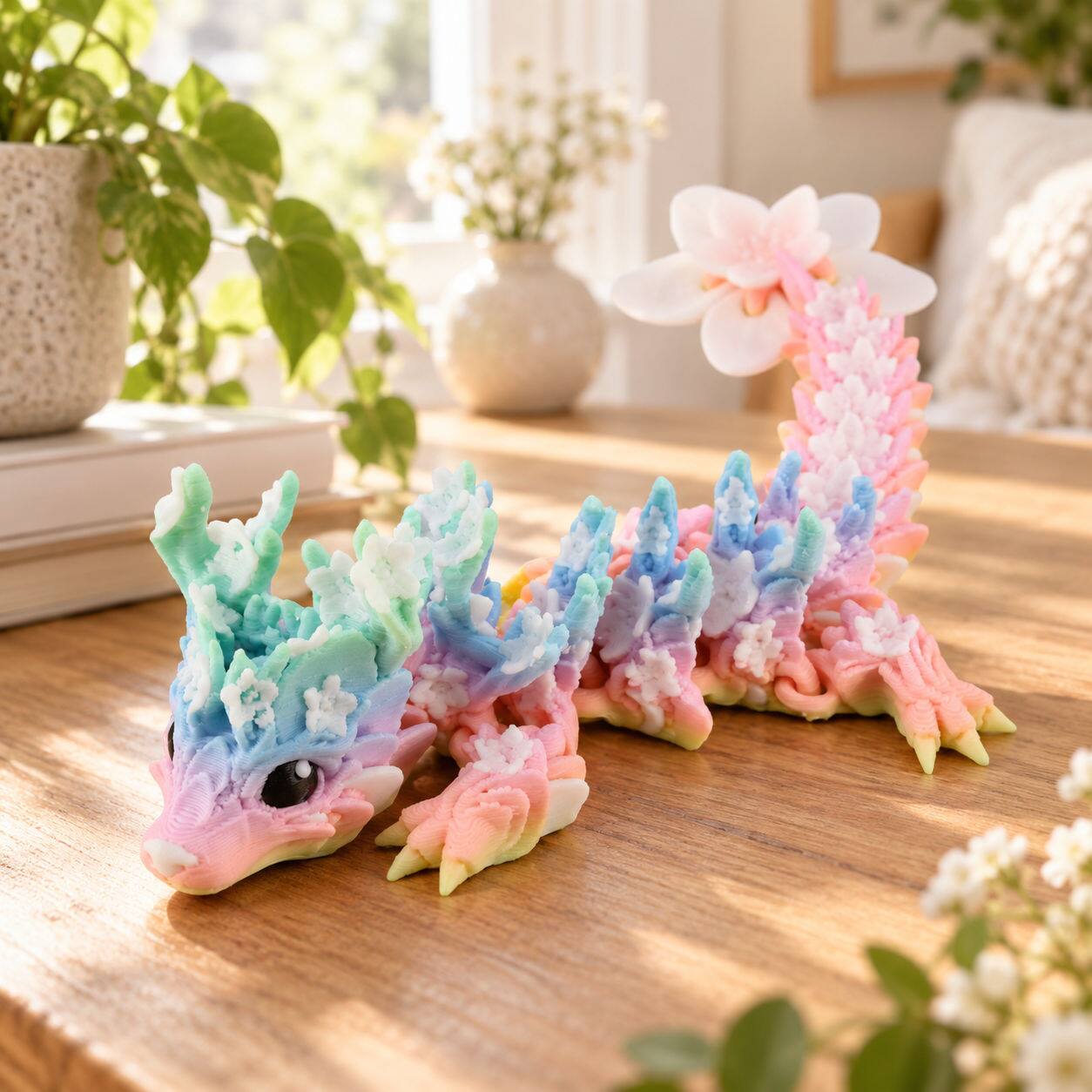 Angle. JuzToys - Mini Articulated 3D Printed Dragon, Cute Baby Blossom Dragon, Poseable Fidget Toy 4.5" | Made in USA by PowerTRC - Multicolored.
