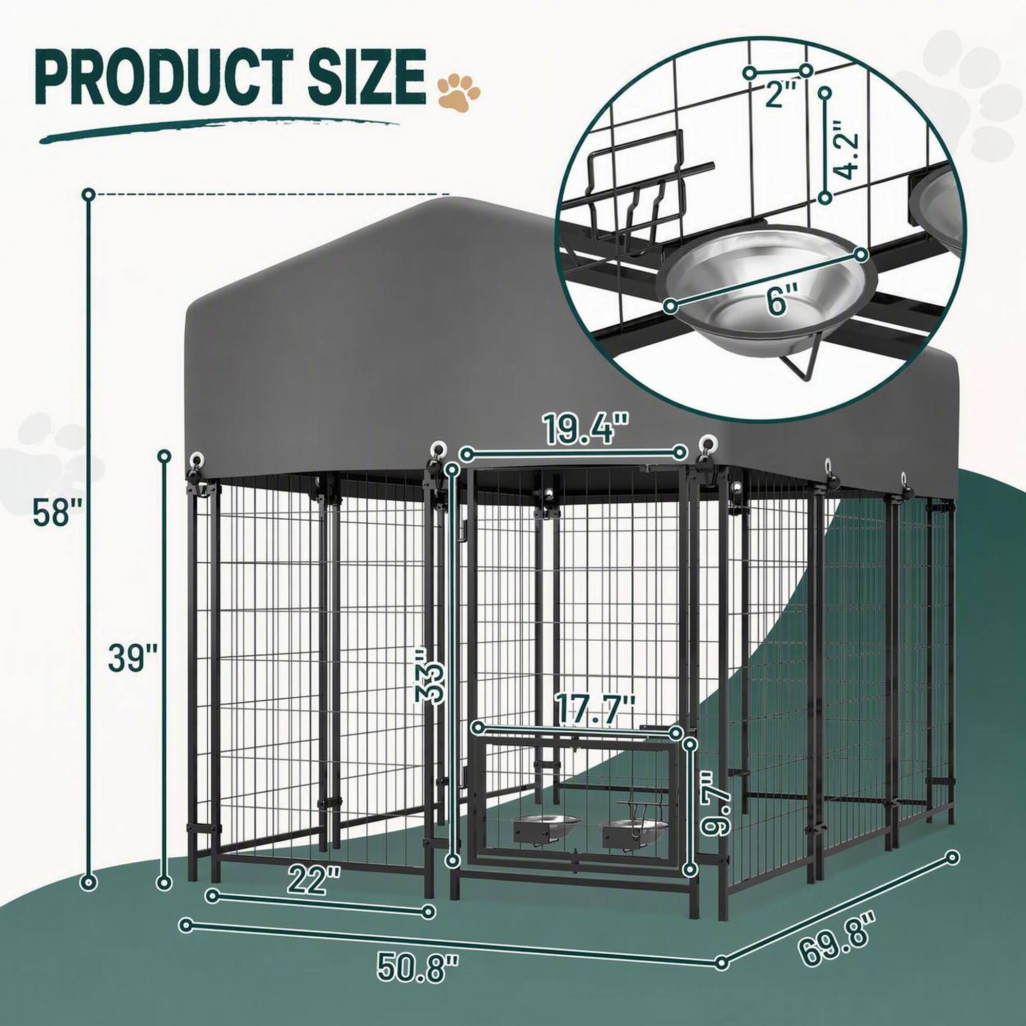 PRODUCT SIZE
2"
4.2"
6"
19.4"
58"
39"
33"
22"
50.8"
17.7"
9.7"
69.8"