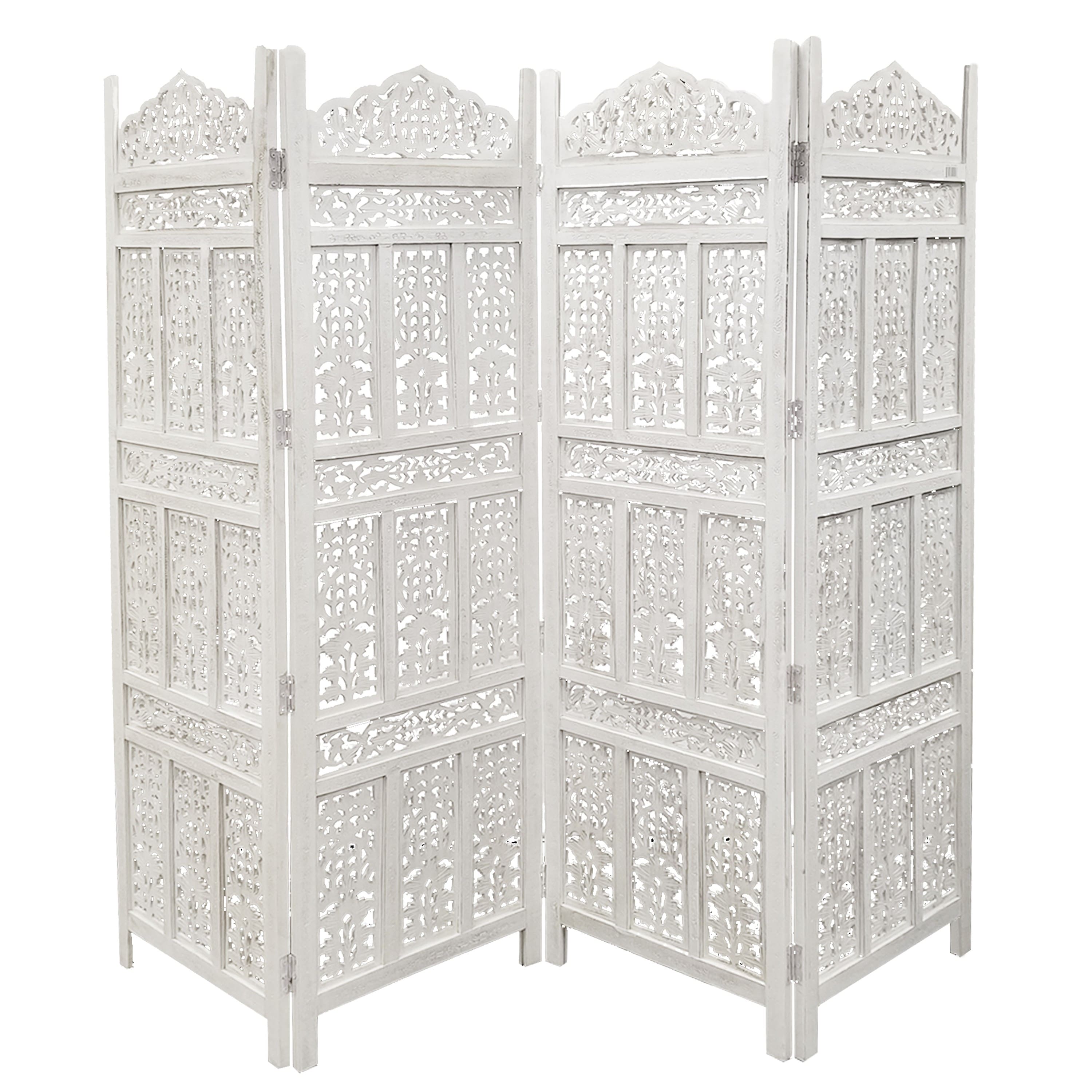 Manhattan Lane - Aesthetically Carved 4 Panel Wooden Partition Screen/Room Divider - White