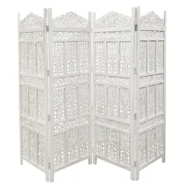 Manhattan Lane - Aesthetically Carved 4 Panel Wooden Partition Screen/Room Divider - White