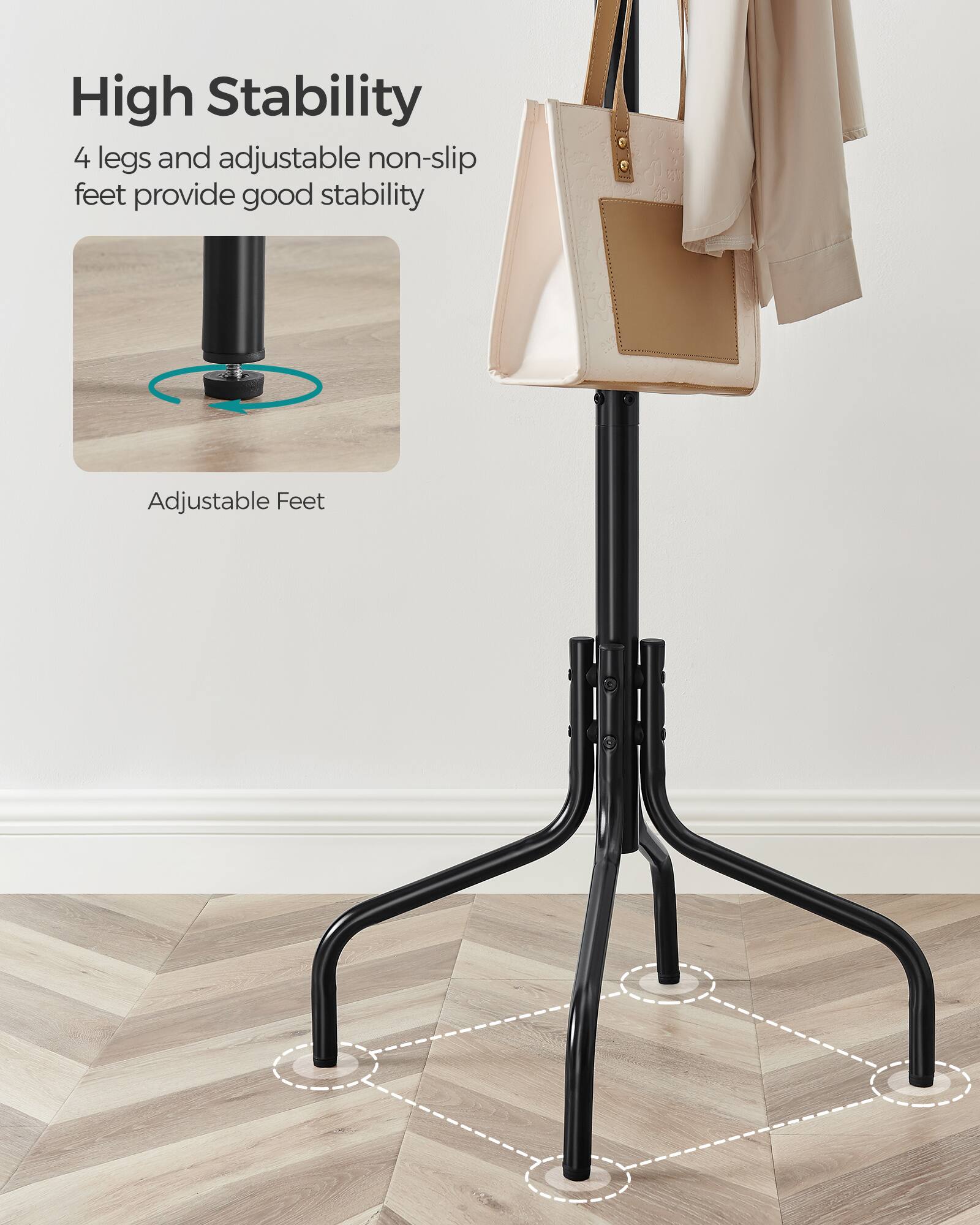 High Stability

4 legs and adjustable non-slip feet provide good stability

Adjustable Feet