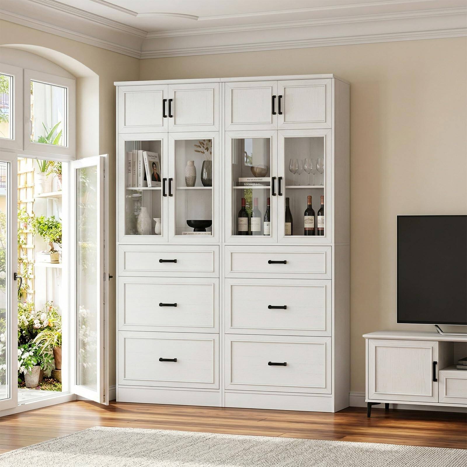 Left. Aheaplus - 2-Pack 80" White Kitchen Pantry: Glass Doors, Adjustable Shelves & 3 Drawers,Ships in 2 Packages - White.