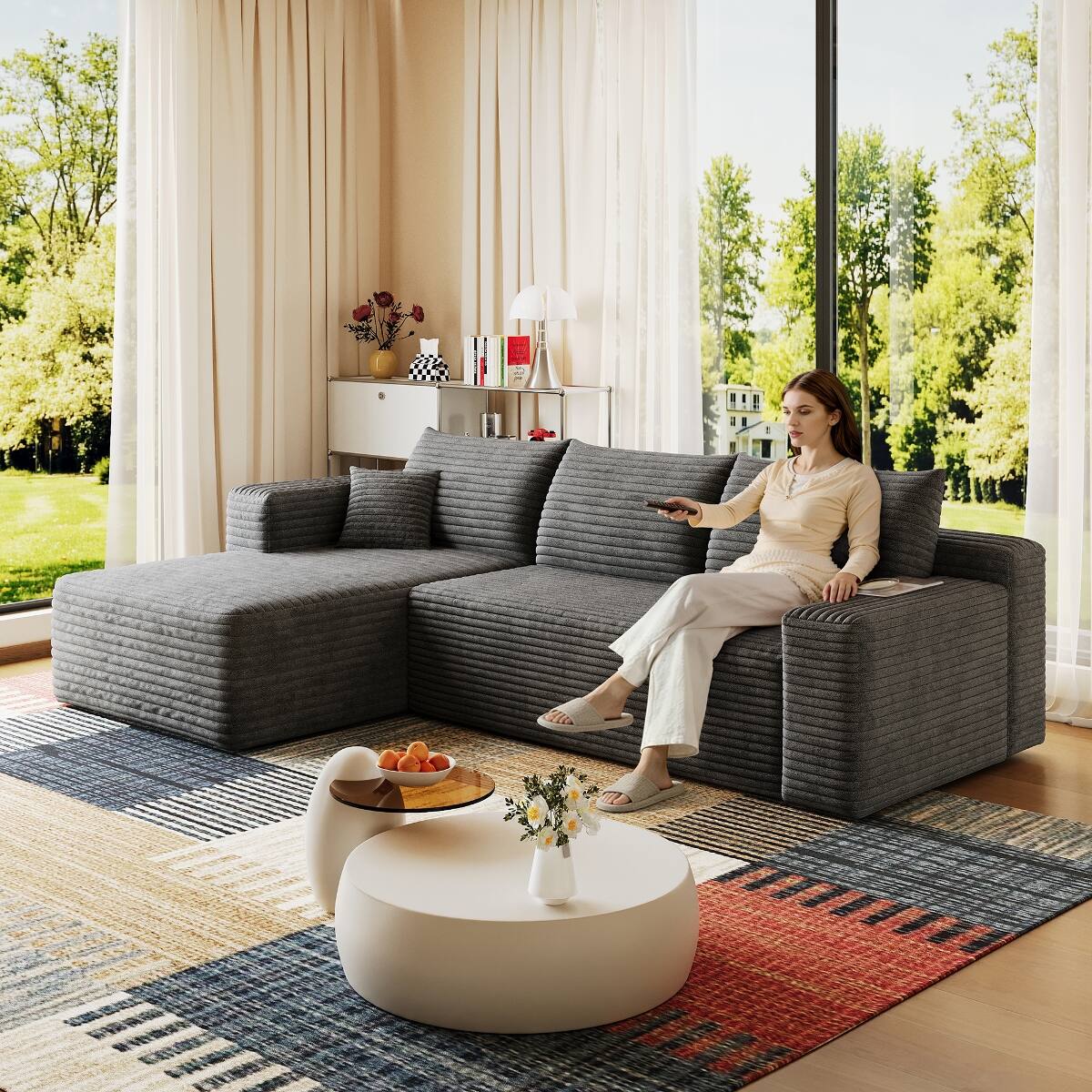 Front. Ropilly - Ropilly 95 Inch U Shaped Sectional Sofa, Dark Grey Deep Seat Corner Couch, Plush Corduroy Upholstered - Dark Grey.
