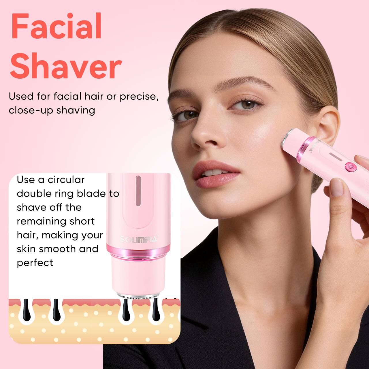 Facial Shaver  
Used for facial hair or precise, close-up shaving  

Use a circular double ring blade to shave off the remaining short hair, making your skin smooth and perfect