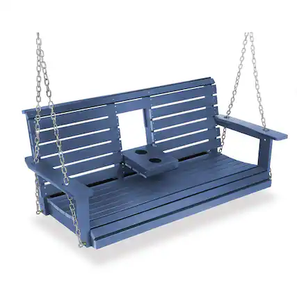 Front. Fortune Candy - HIPS Poly Lumber 3-Seat Porch Swing, 5ft Bench Swing with Foldable Cup Holders for Porch Yard Garden - Navy Blue.