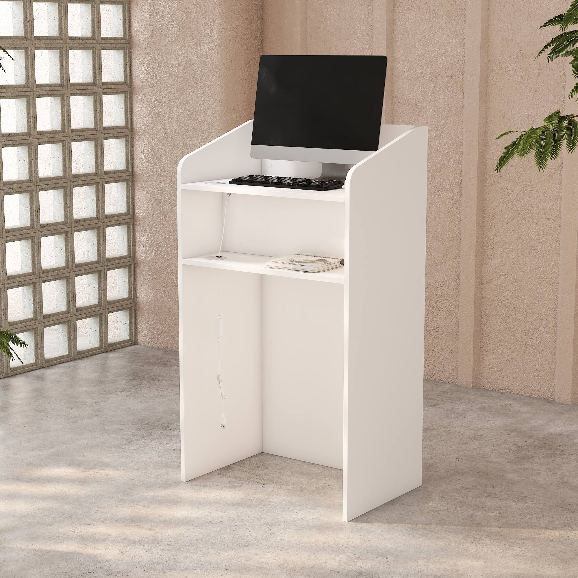 Back. Famapy - Small Reception Desk with LED Light, White Podium Stand for Salon, Modern Checkout Counter for Small Business. - White.