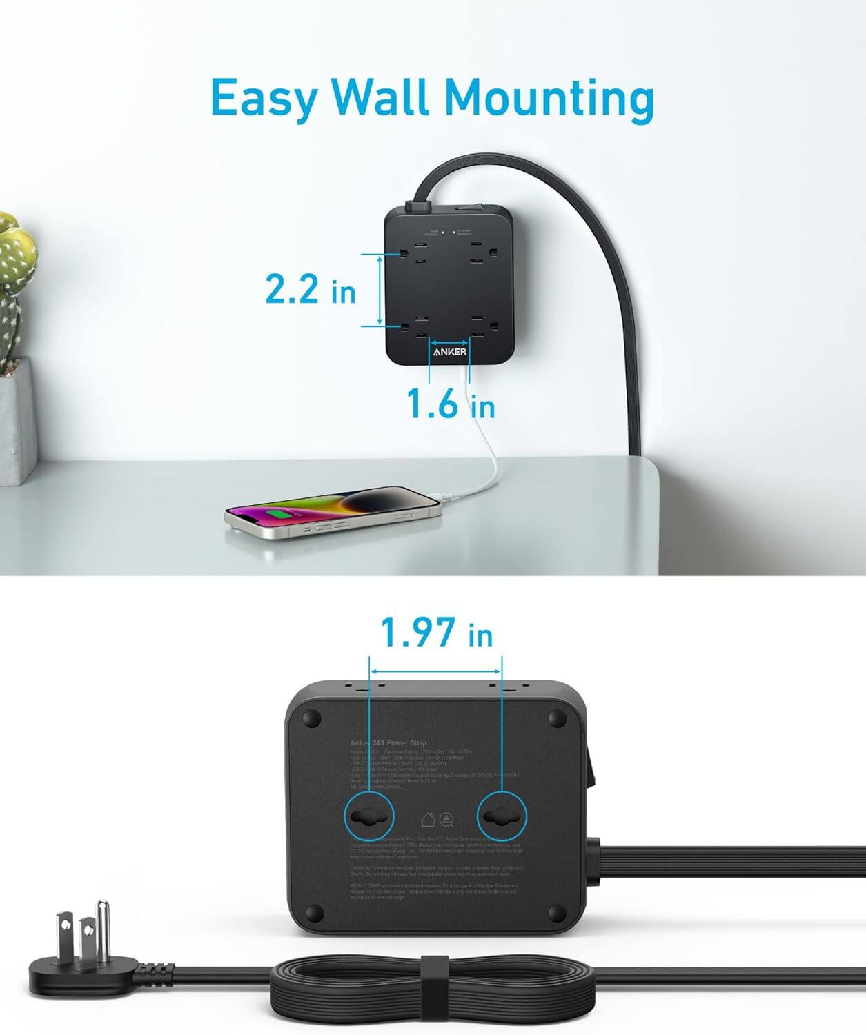 Easy Wall Mounting

2.2 in  
1.6 in

1.97 in