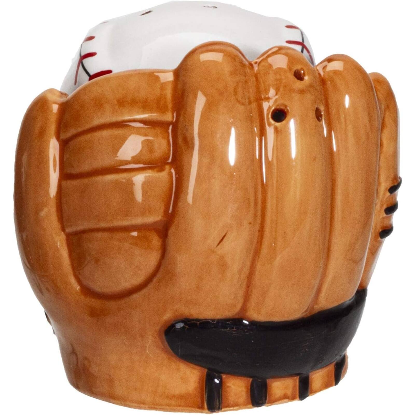 Angle. Pacific Trading - Baseball Caught in a Mitt You're Out Ceramic Salt and Pepper Shakers Set - Multicolor.