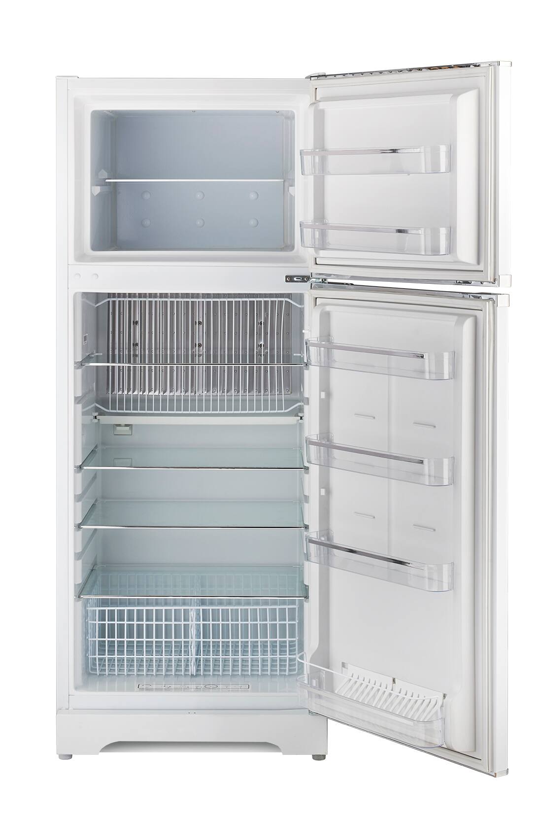 Left. Unique Appliances - Off-Grid Classic Retro 27.2 in. 14 cu. ft. Propane Top Freezer Refrigerator - Marshmallow White.