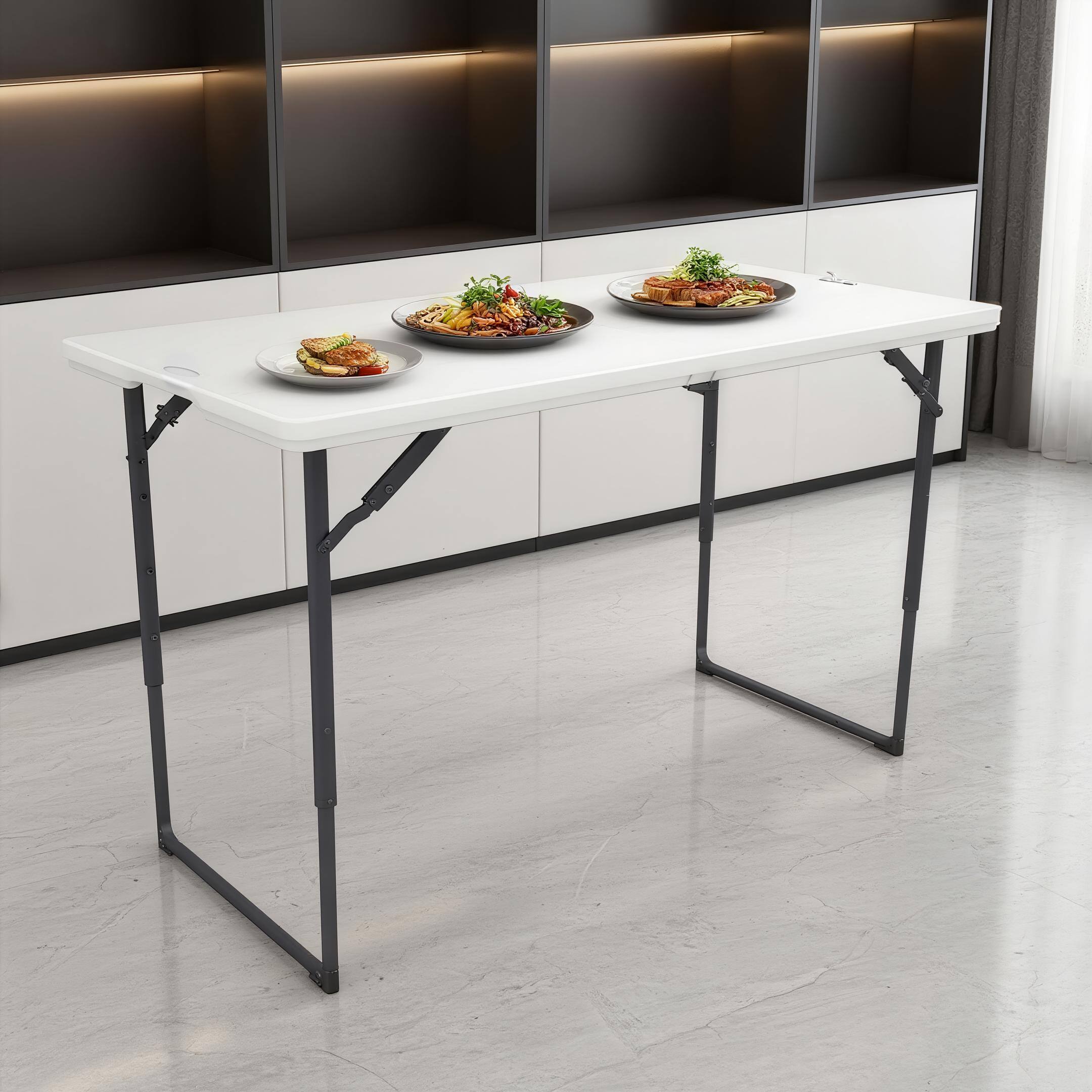 Back. Vipbear - Folding Table, Indoor Outdoor Foldable Plastic Folding Tables, Height Adjustable Portable Rectangular Utility Card Table - Black.