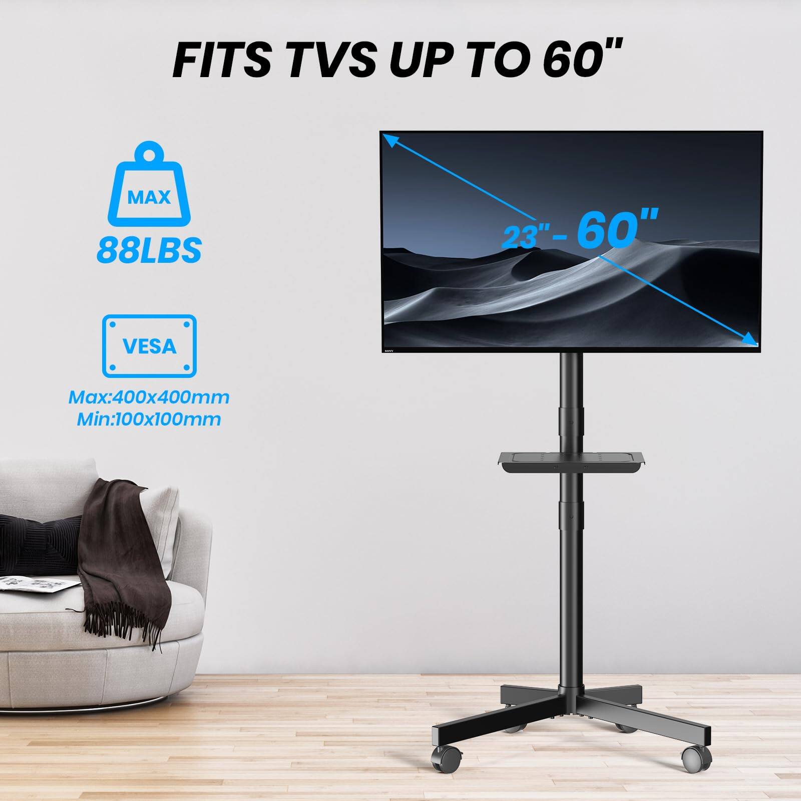 FITS TVS UP TO 60"

MAX 88LBS

VES

Max: 400x400mm
Min: 100x100mm

23" - 60"