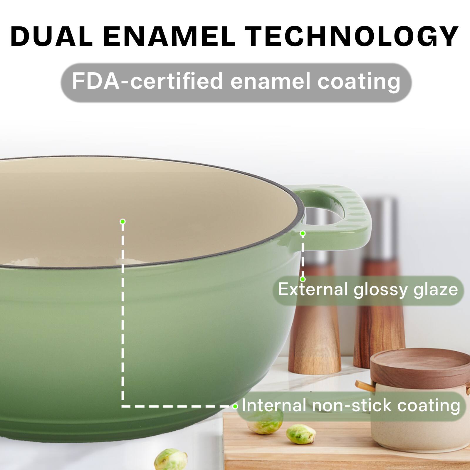 DUAL ENAMEL TECHNOLOGY

FDA-certified enamel coating

External glossy glaze

Internal non-stick coating