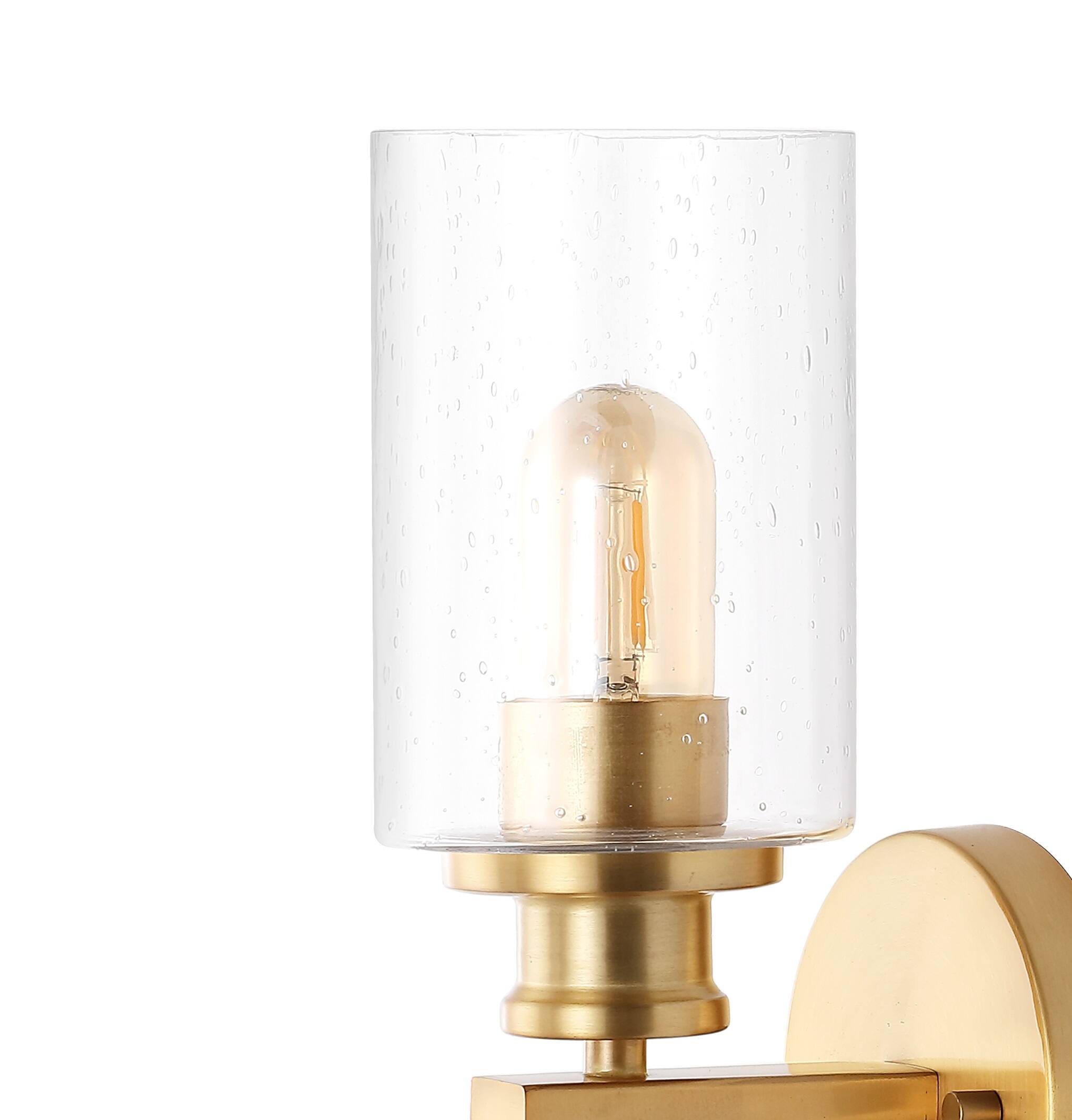Alt View 3. Jonathan Y - Jules Edison 16.5" Cylinder 2-Light Iron/Seeded Glass Farmhouse Contemporary LED Wall Sconce, Brass Gold - Brass Gold.