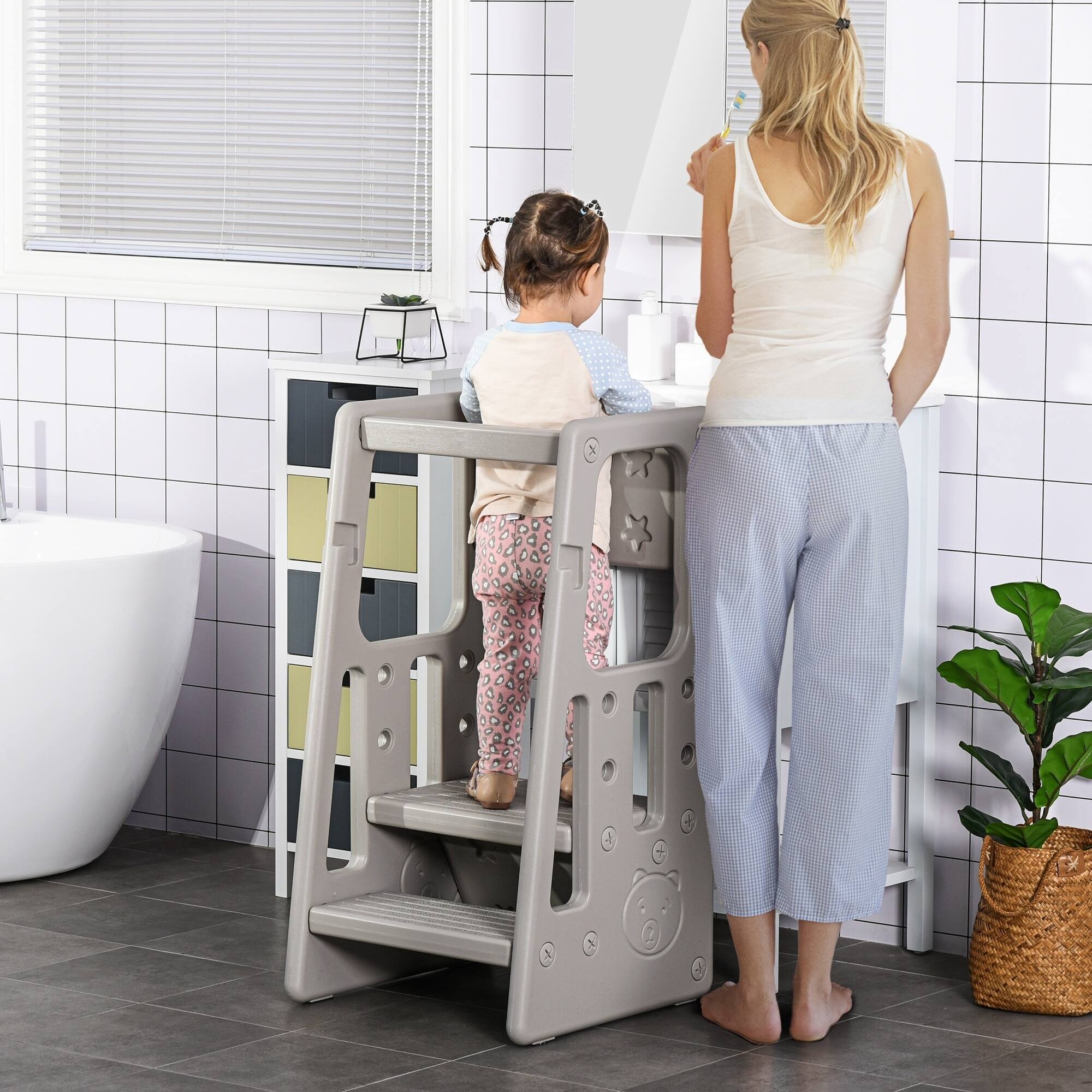 Angle. Qaba - Toddler Tower, Adjustable Height, Kitchen Stool Helper, Anti-slip Mat, Step Stool, Kitchen, Bathroom - Gray.