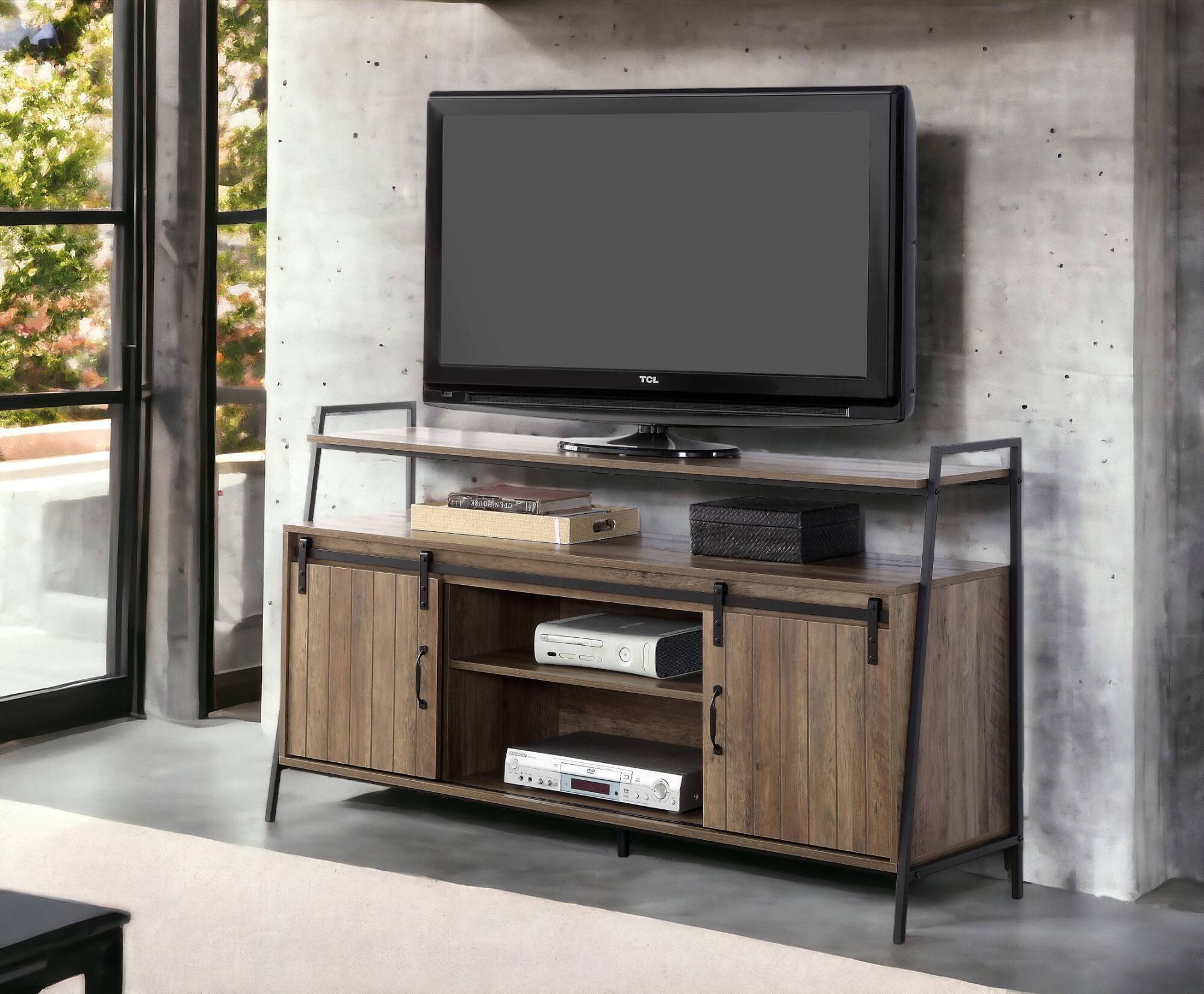 Back. Spaco - Spaco TV Stand for TVs Up to 58 Inch, Sliding Barn Door Media Console with 6 Storage Compartments, Metal Frame - Oak.