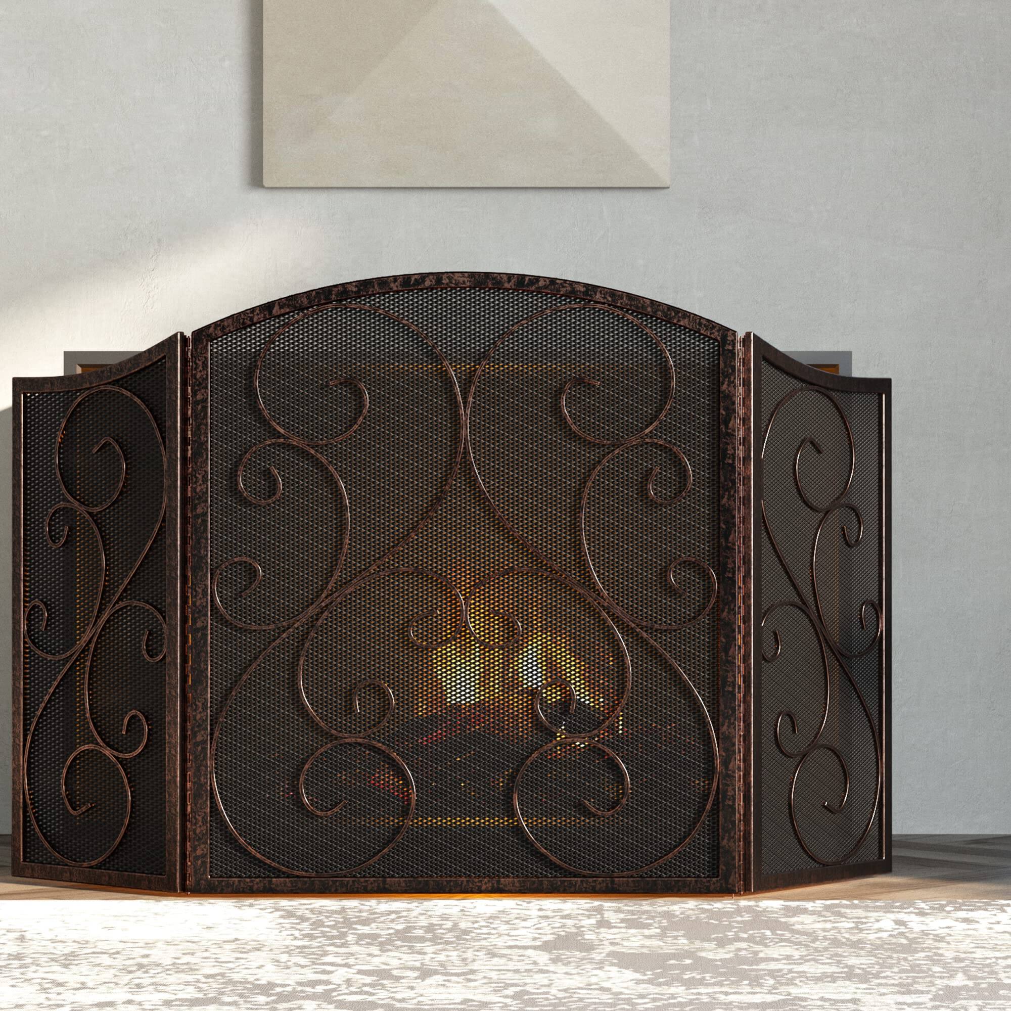 Back. JETRANSPORT - Fireplace Screen 3 Panel Wrought Iron Metal 48"(l) X30(h) Spark Guard Cover(brushed Copper) - Golden.