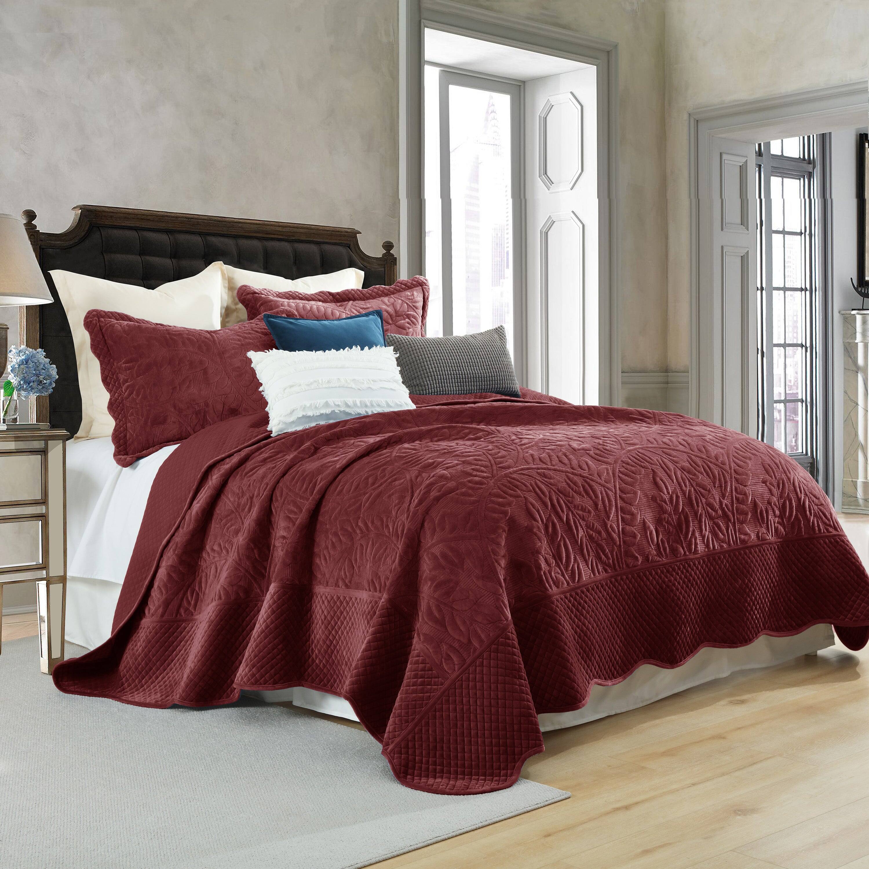 Angle. MarCielo - Marcielo 3Pc Luxury Velvet Oversized Embroidery Soft and Plush Quilt Set - Burgundy.