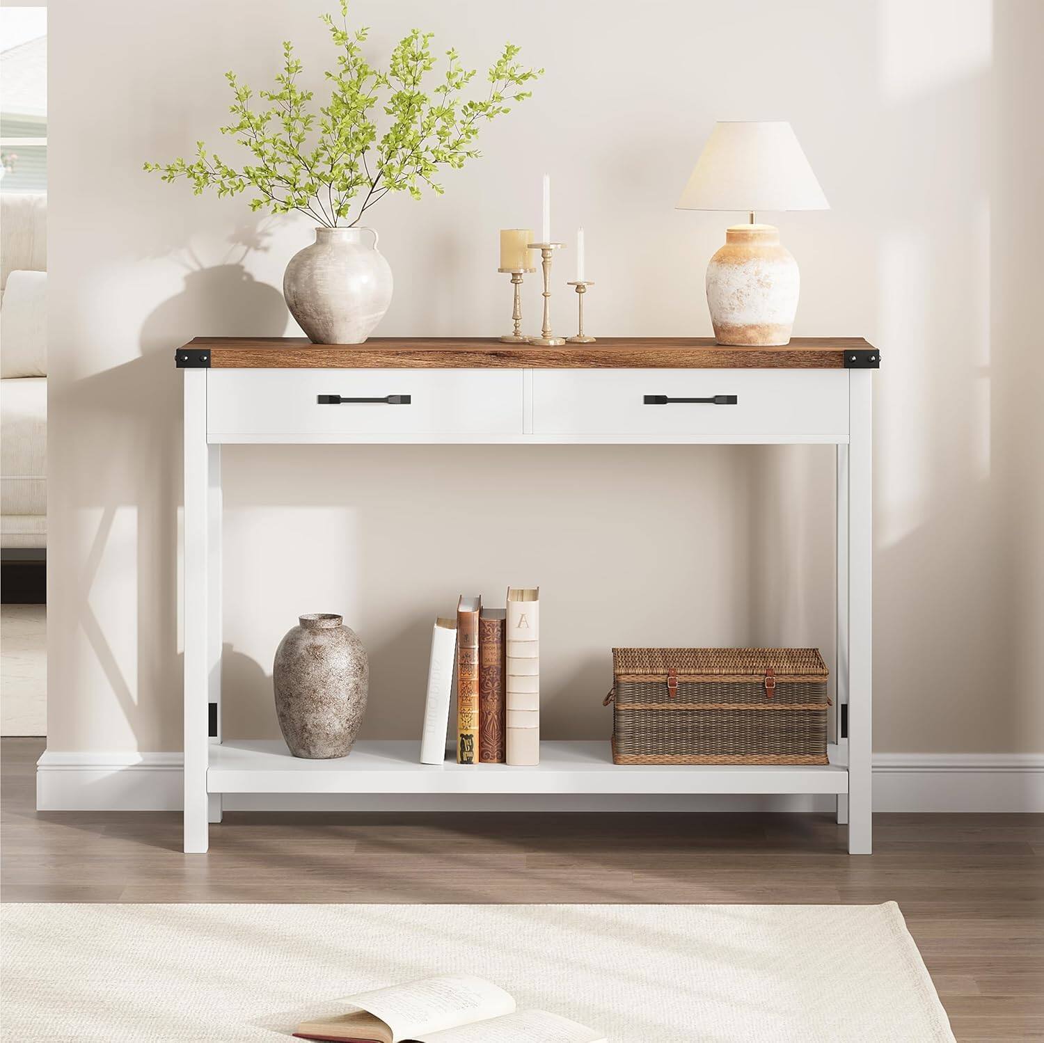 Alt View 2. Babevy - 43" Console Table with Drawers, 2-Tier Farmhouse Narrow Entryway Table , Long Sofa Table - White.