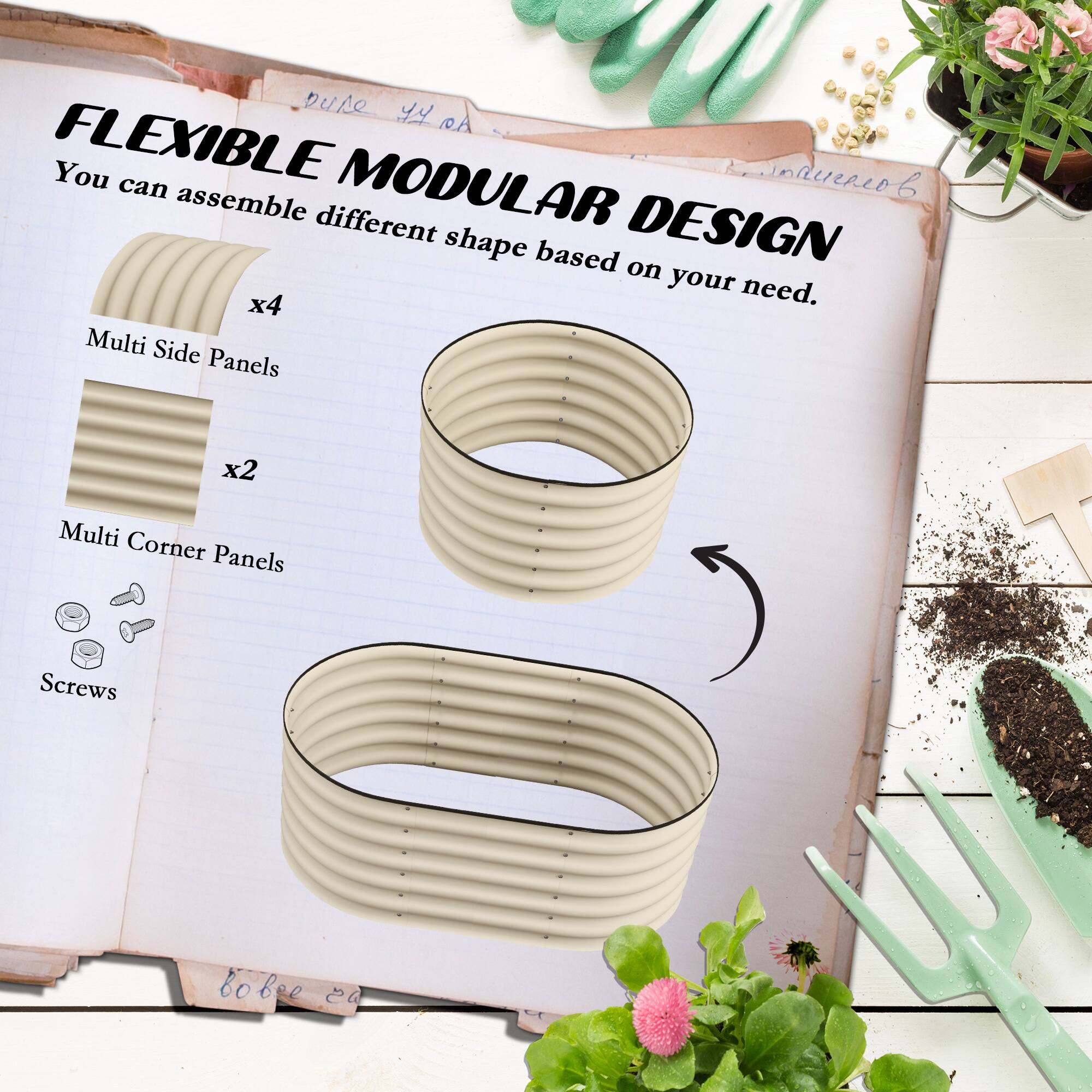 Dure Y RA FLEXIBLE DESIGN
You can assemble different shape based on your need.
x4 Multi Side Panels
x2 Multi Corner Panels
Screws