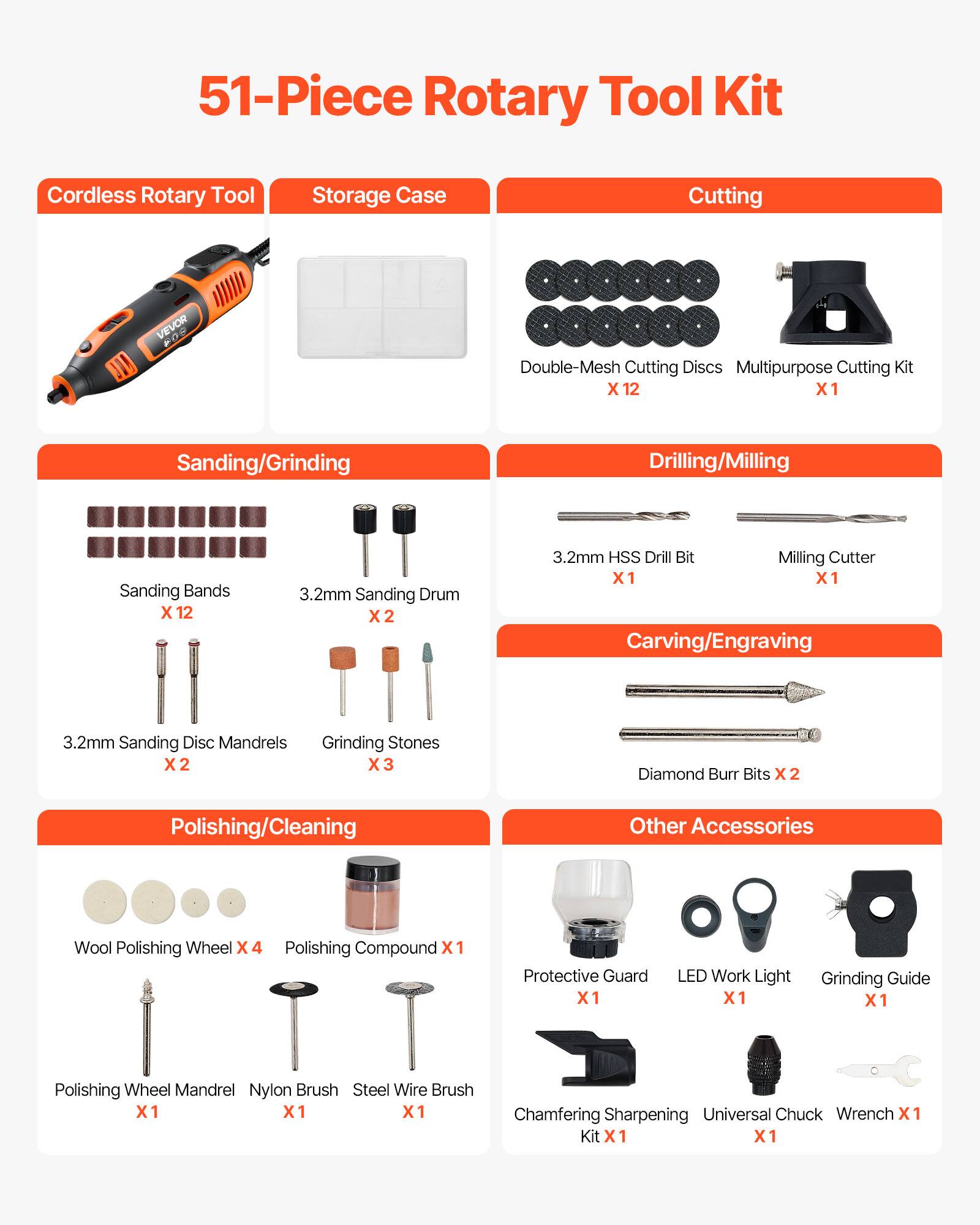 51-Piece Rotary Tool Kit

- Cordless Rotary Tool
- Storage Case

**Cutting**
- Double-Mesh Cutting Discs X 12
- Multipurpose Cutting Kit X 1

**Sanding/Grinding**
- Sanding Bands X 12
- 3.2mm Sanding Drum X 2
- 3.2mm Sanding Disc Mandrels X 2
- Grinding Stones X 3

**Drilling/Milling**
- 3.2mm HSS Drill Bit X 1
- Milling Cutter X 1

**Carving/Engraving**
- Diamond Burr Bits X 2

**Polishing/Cleaning**
- Wool Polishing Wheel X 4
- Polishing Compound X 1
- Polishing Wheel Mandrel X 1
- Nylon Brush X 1
- Steel Wire Brush X 1

**Other Accessories**
- Protective Guard X 1
- LED Work Light X 1
- Grinding Guide X 1
- Chamfering Sharpening Kit X 1
- Universal Chuck X 1
- Wrench X 1