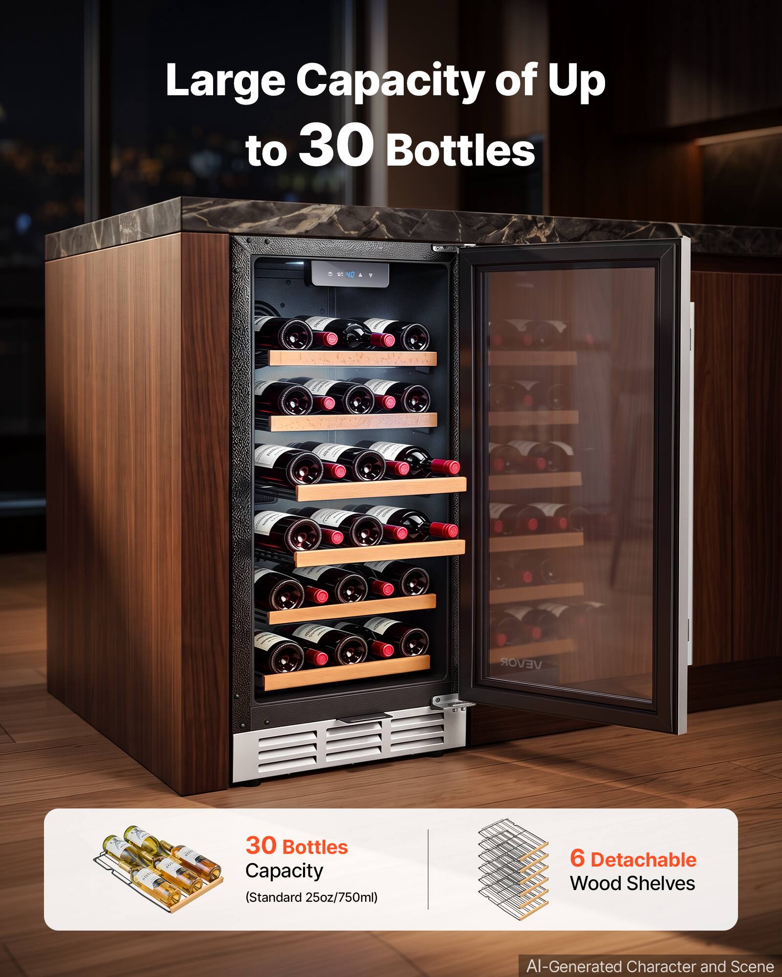 Large Capacity of Up to 30 Bottles

30 Bottles Capacity (Standard 25oz/750ml)

6 Detachable Wood Shelves

AI-Generated Character and Scene